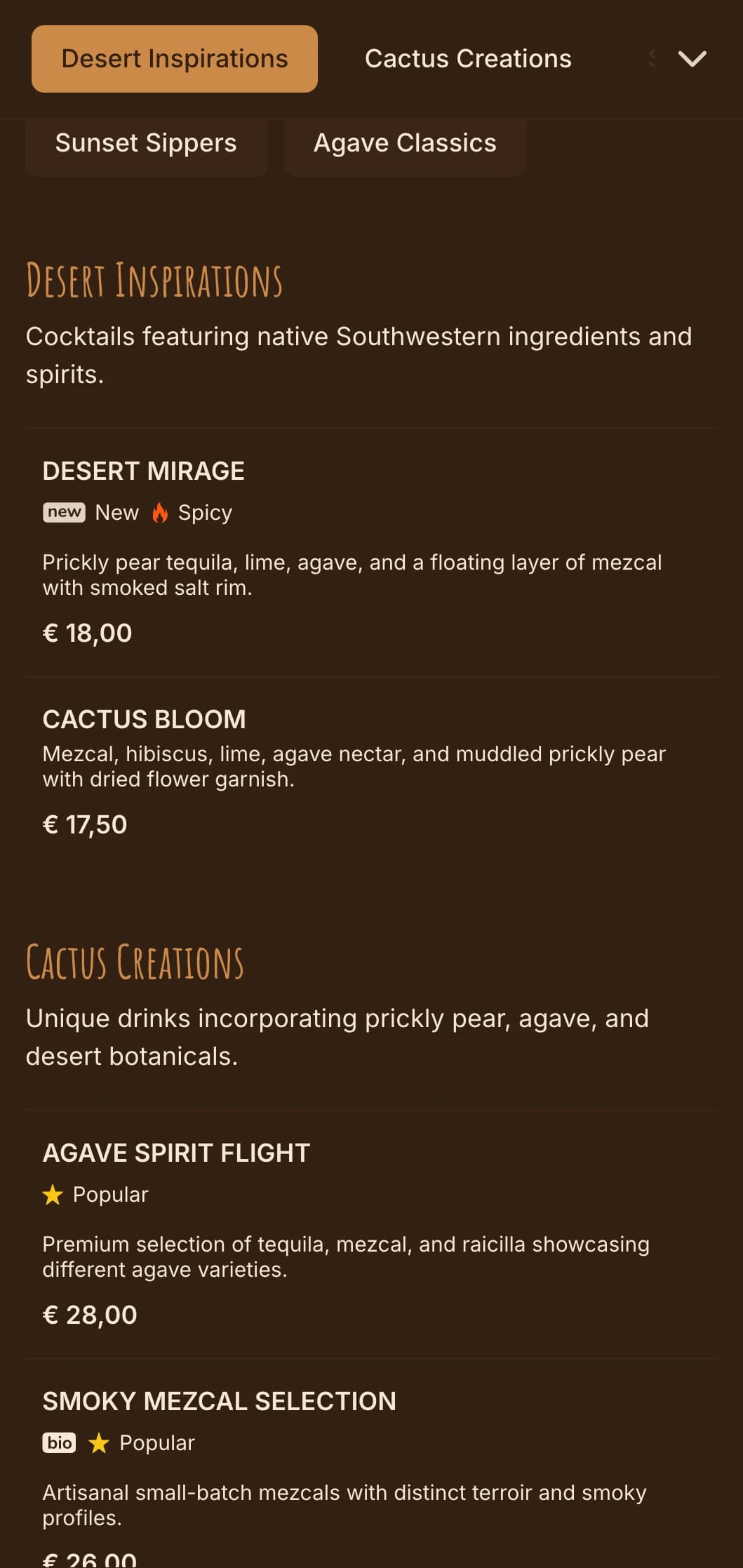 Warm desert-inspired palette with southwestern motifs for tequila and mezcal bars.