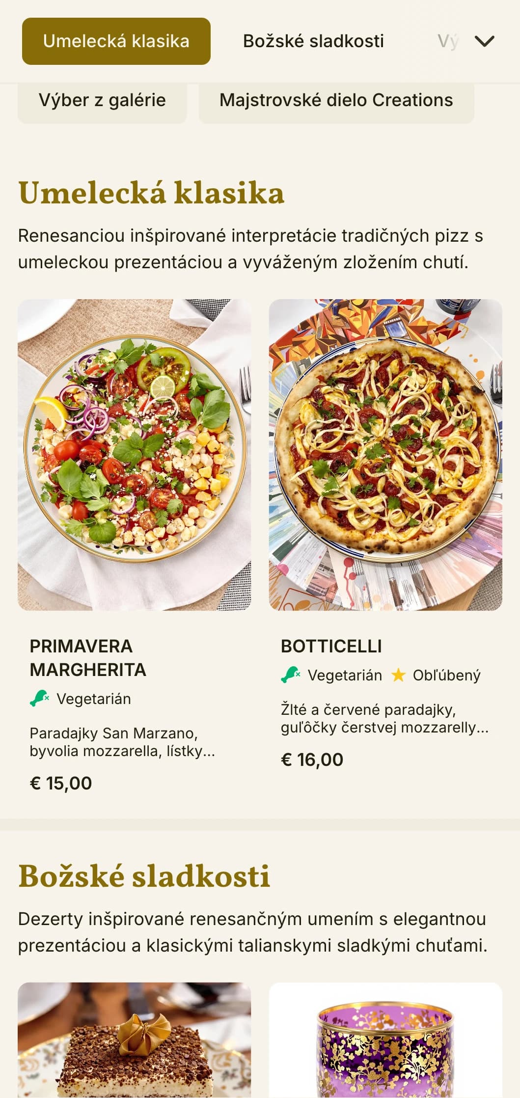 Umelecké menu pizze inšpirované talianskou renesanciou s bohatými vizuálnymi prvkami.