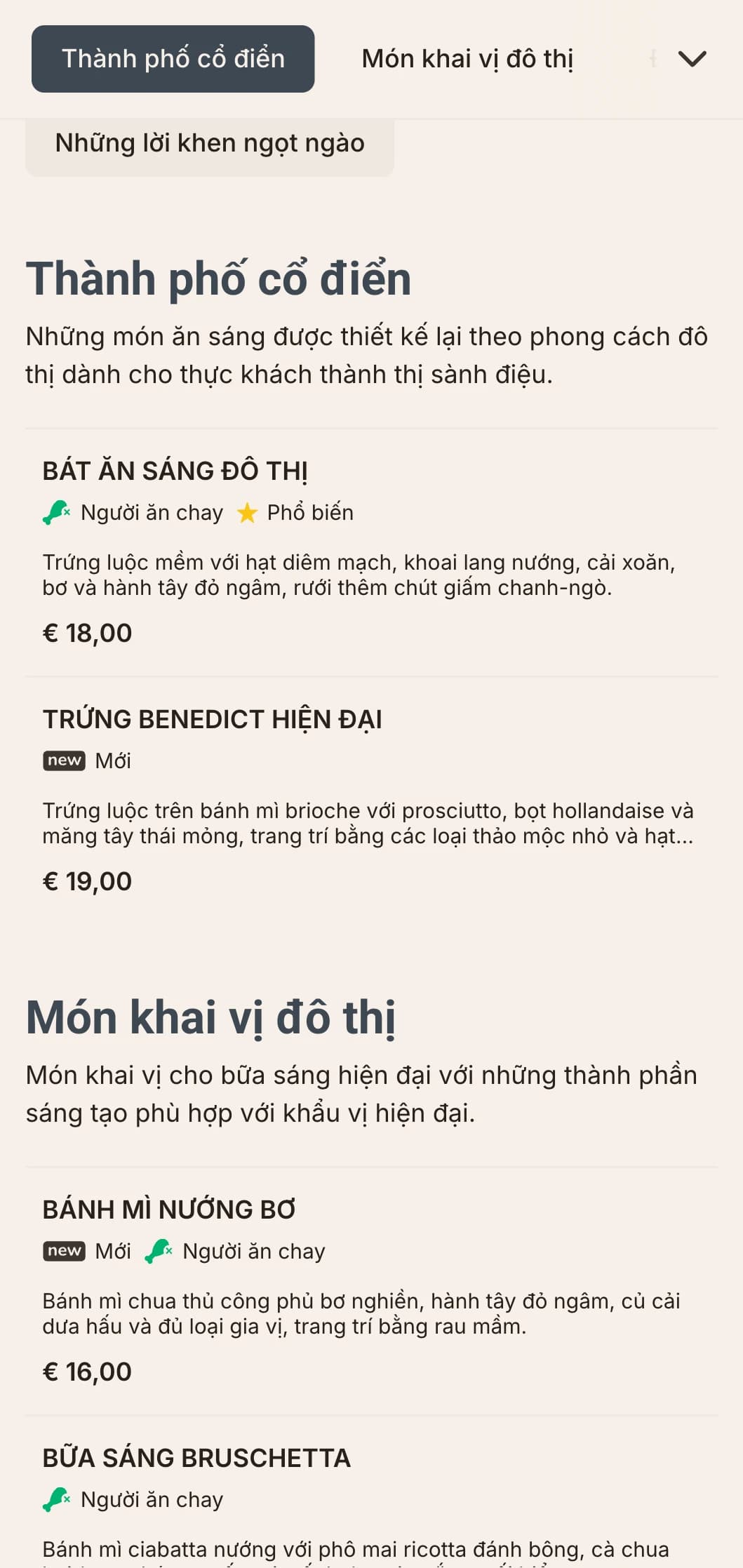 Các lựa chọn bữa sáng hiện đại, sang trọng dành cho người thành thị, có cách trình bày tối giản và sự kết hợp hương vị sáng tạo.