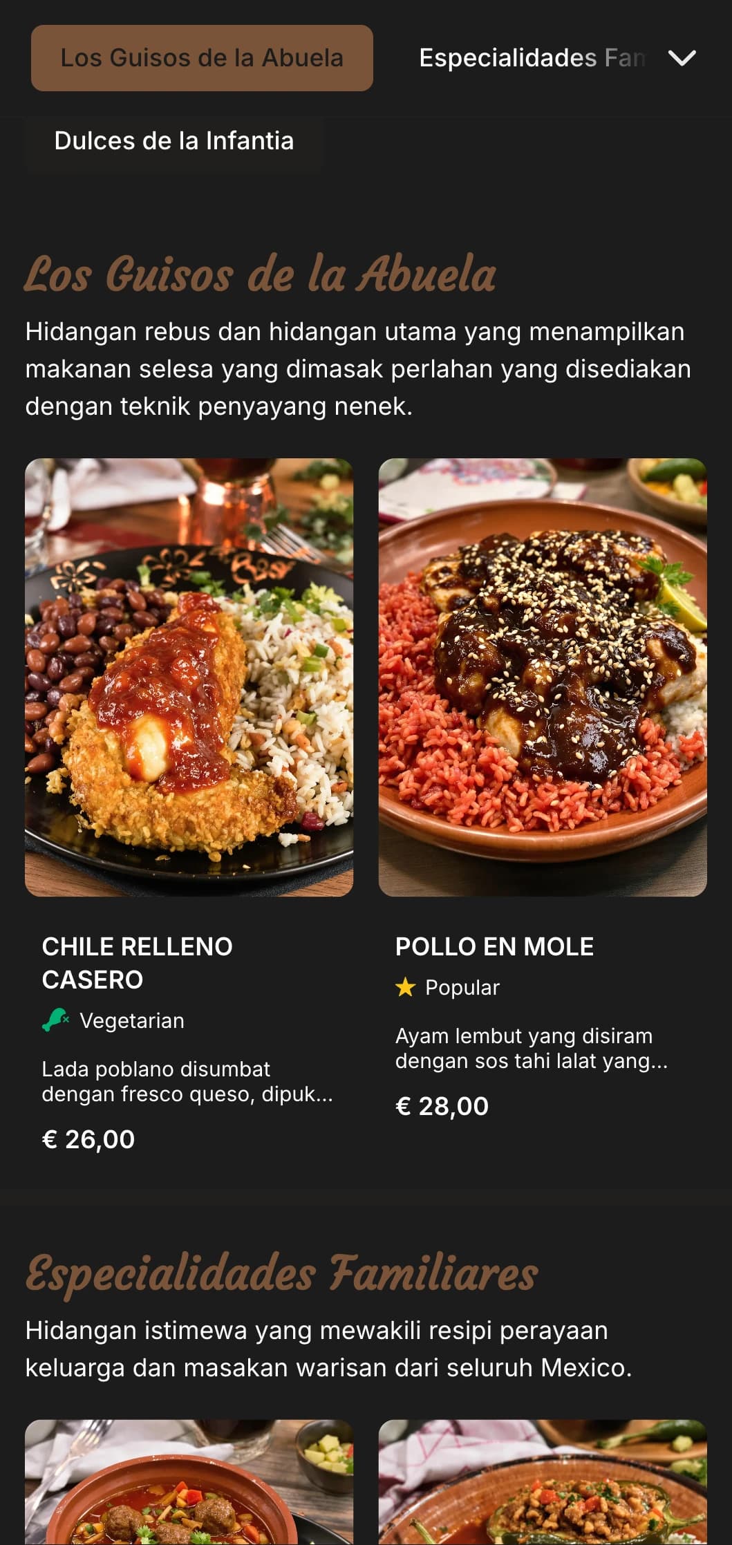 Menu Mexico gaya rumah yang hangat dan selesa menampilkan resipi nenek, loghat coklat hangat dan hidangan tradisional gaya keluarga.