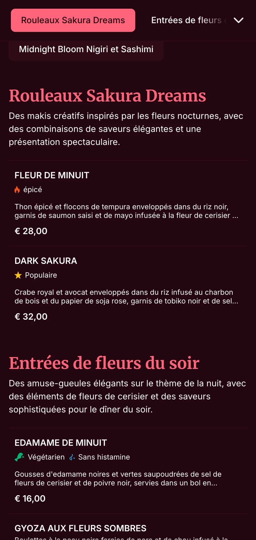 Une soirée sushi élégante avec des motifs spectaculaires de fleurs de cerisier sur fond de bordeaux profond pour un dîner haut de gamme.