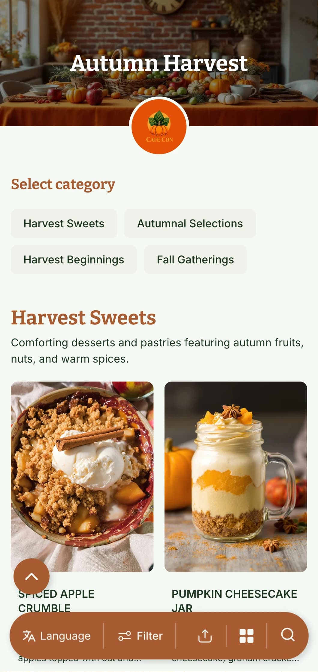 Seasonal brunch template with warm autumn colors, ideal for cafés featuring harvest-inspired breakfast offerings.