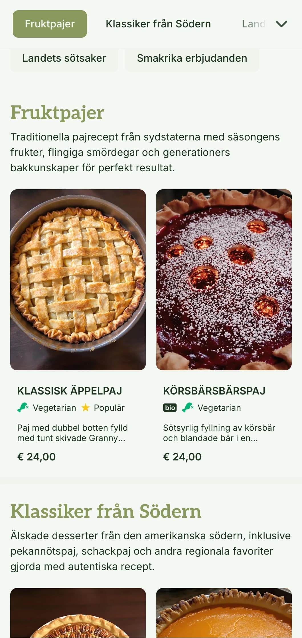 En varm, sydstatsinspirerad bagerimenydesign med olivtoner och traditionell typografi, perfekt för pajbutiker och bagerier i sydstatsstil.