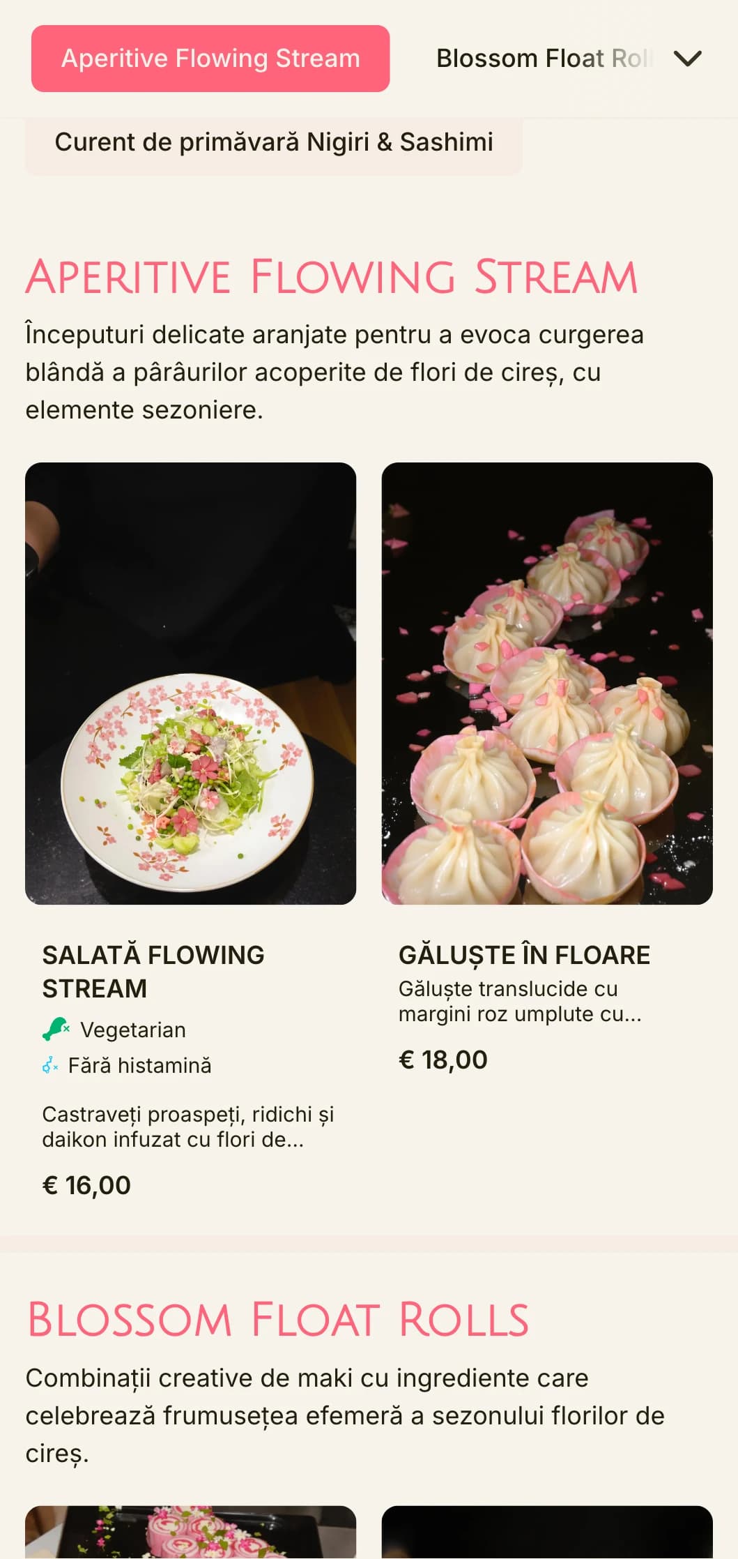 Meniu sushi inspirat din flori de cireș, cu accente roz și elemente naturale.