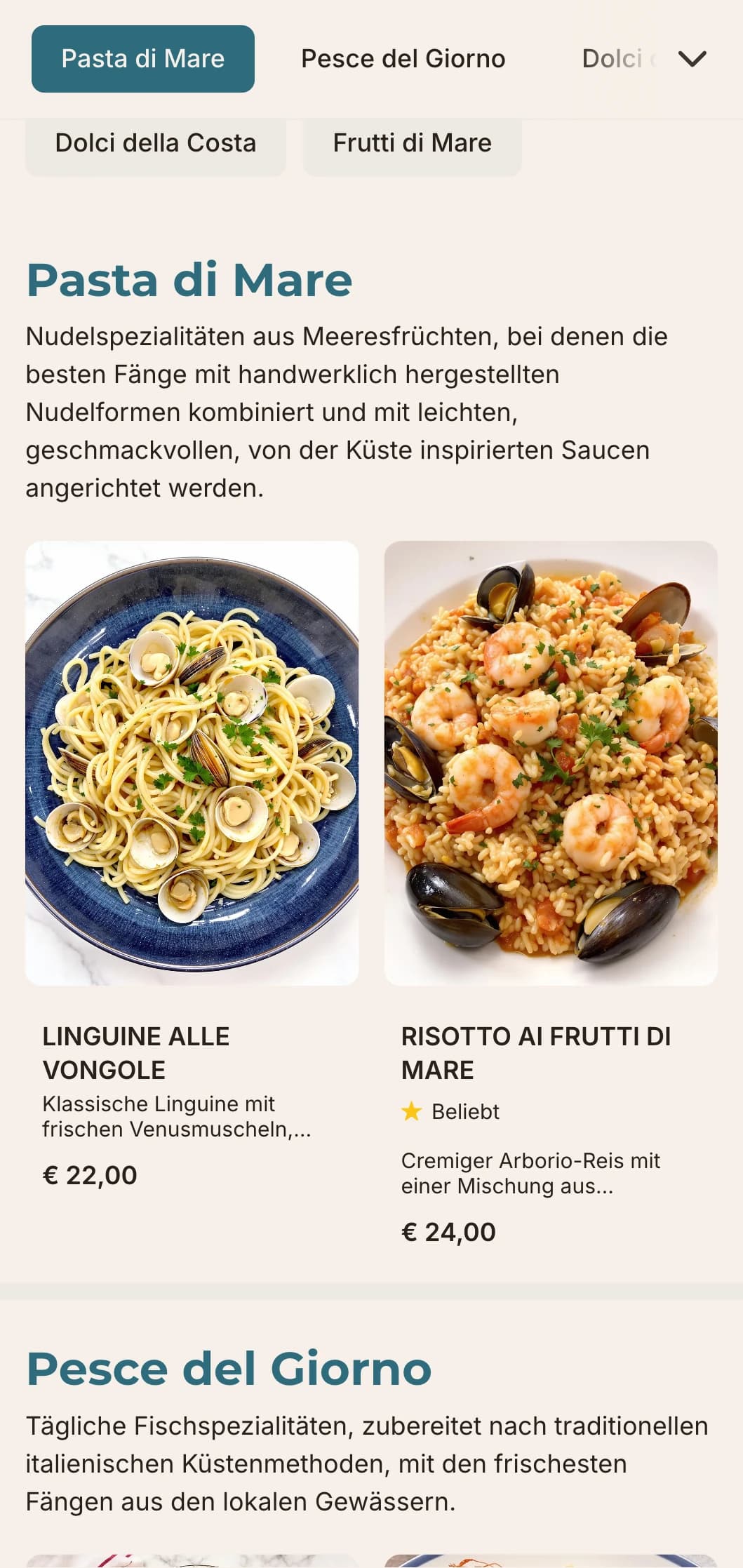 Mediterran inspiriertes Design mit Blautönen vom Meer, klarer Typografie und luftigen Layouts für italienische Fischrestaurants.