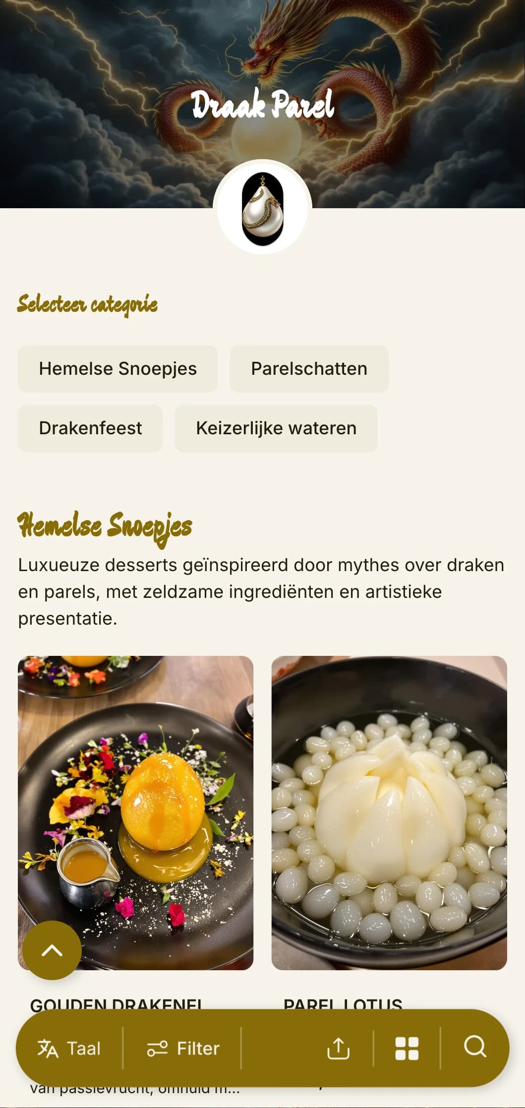 Luxueus Chinees menu-ontwerp met drakenmotieven en parelaccenten, perfect voor chique Chinese visrestaurants en speciale gelegenheden.