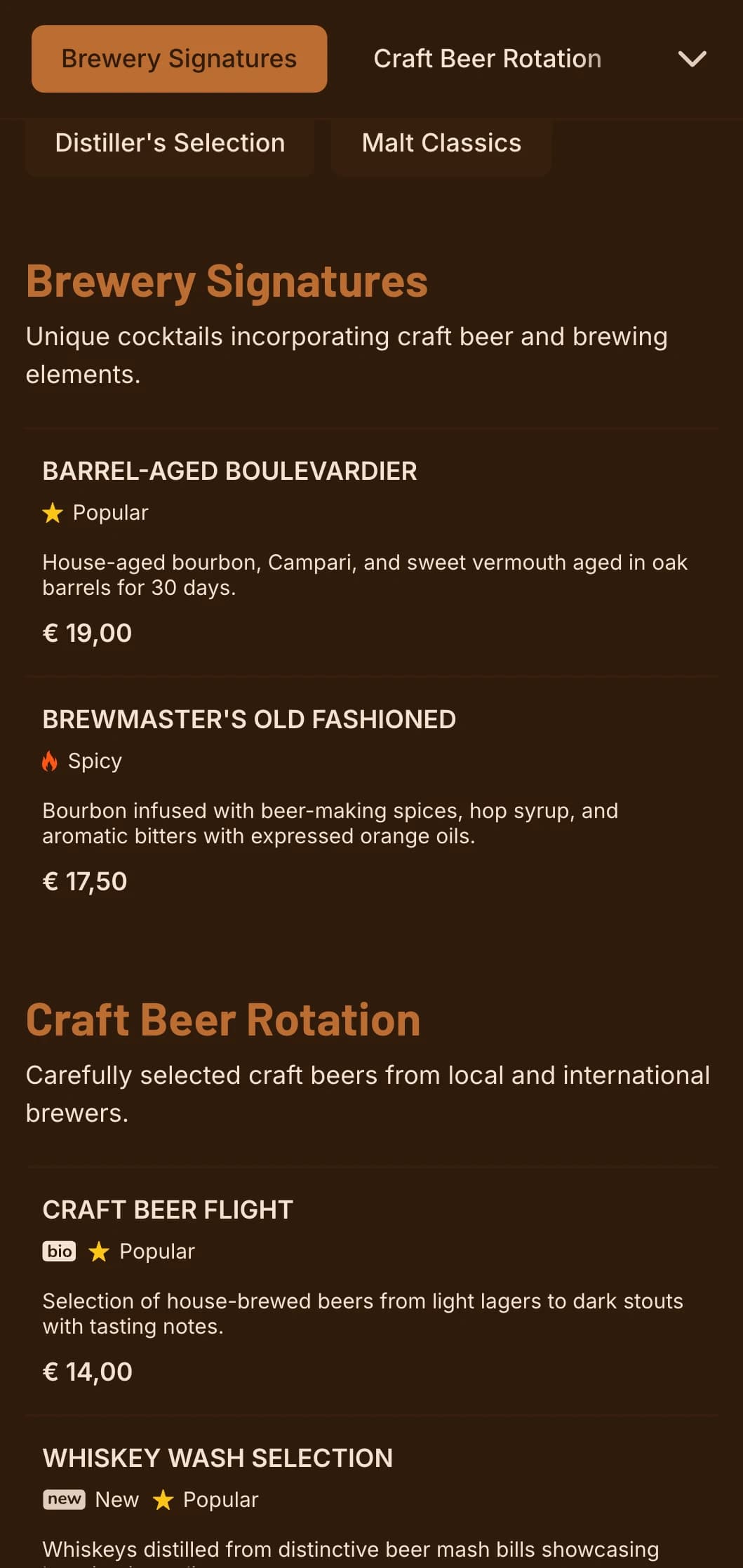 Warm orange design with brewing elements for craft beer and cocktail venues.