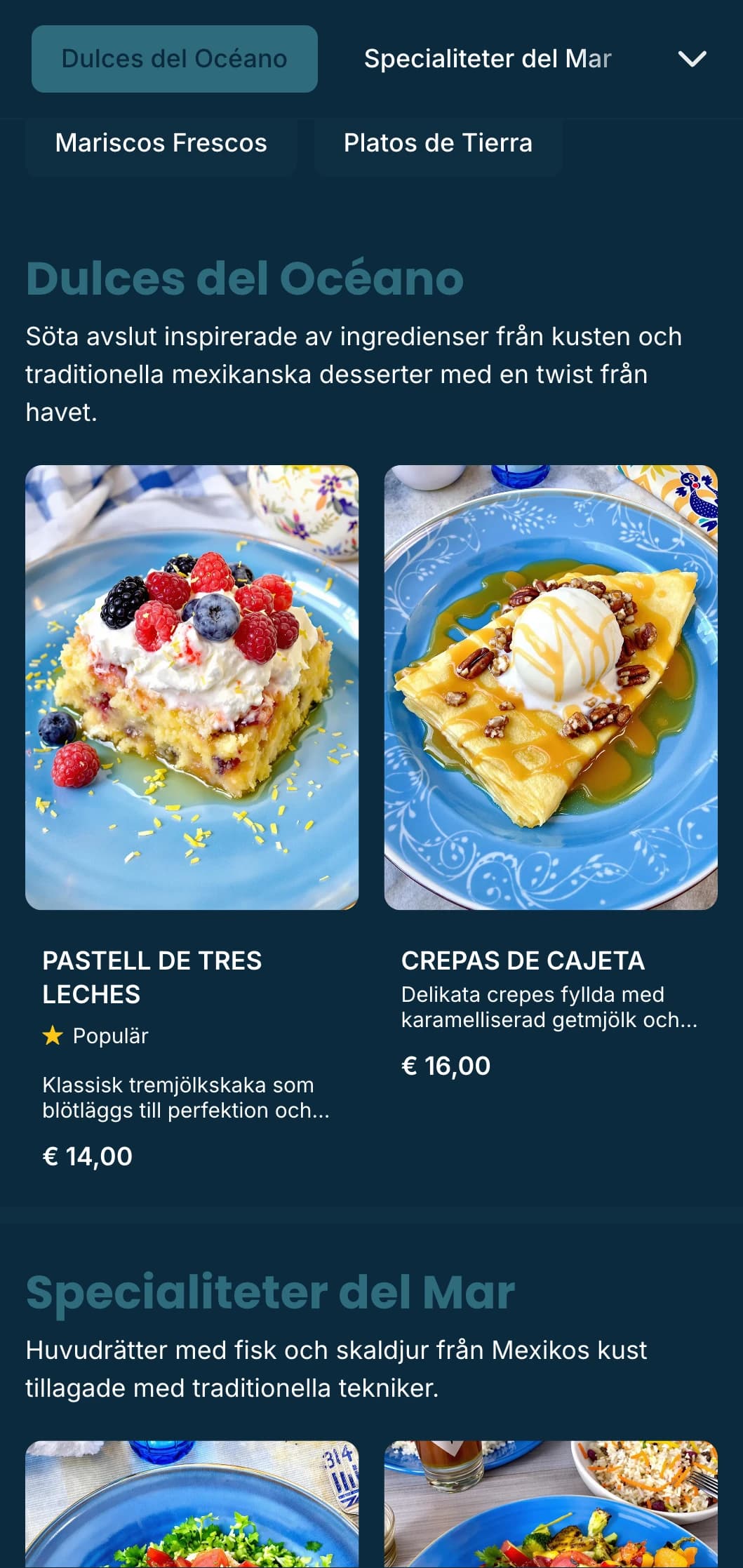 Fräsch och luftig mexikansk meny med fisk- och skaldjursspecialiteter med azurblå accenter, subtila vågmönster och strandnära atmosfär.