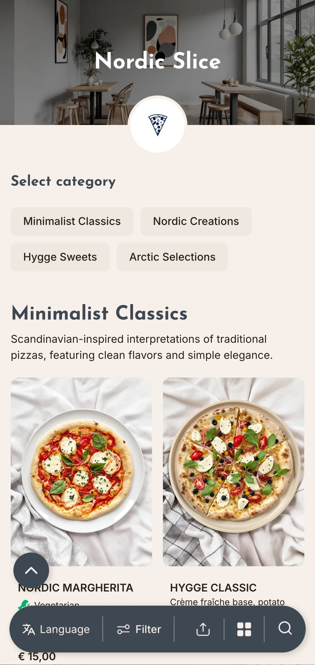 Scandinavian-inspired pizza menu with clean, minimal design and functional aesthetic.