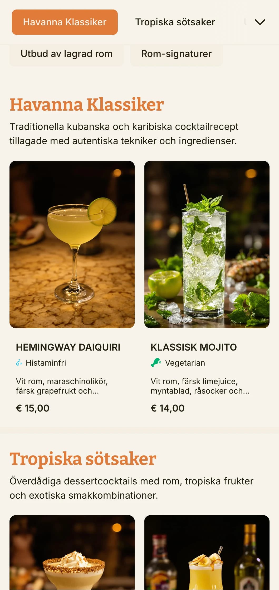 En livfull, tropisk menydesign inspirerad av kubansk cocktailkultur, perfekt för rombarer och etablissemang med latinamerikanskt tema.