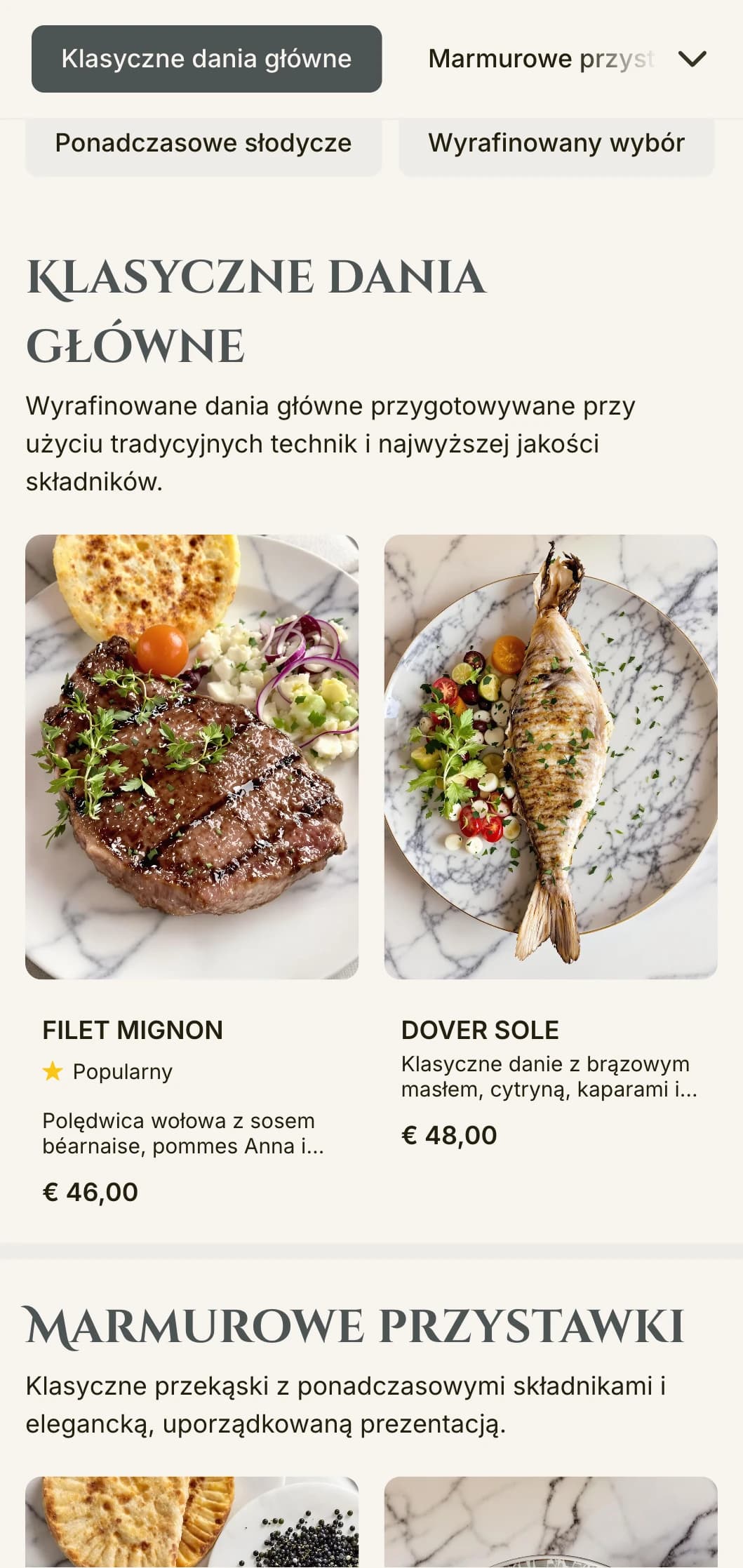 Eleganckie menu obiadowe z marmurowymi teksturami i klasycznymi elementami wystroju, idealne do wyrafinowanych lokali gastronomicznych.