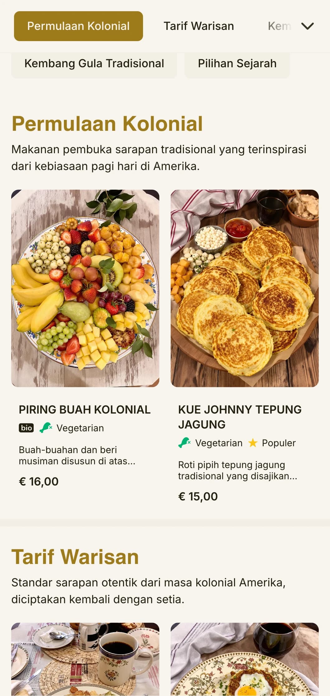 Pilihan sarapan tradisional yang terinspirasi dari hidangan kolonial, disajikan dengan elemen sejarah yang halus.