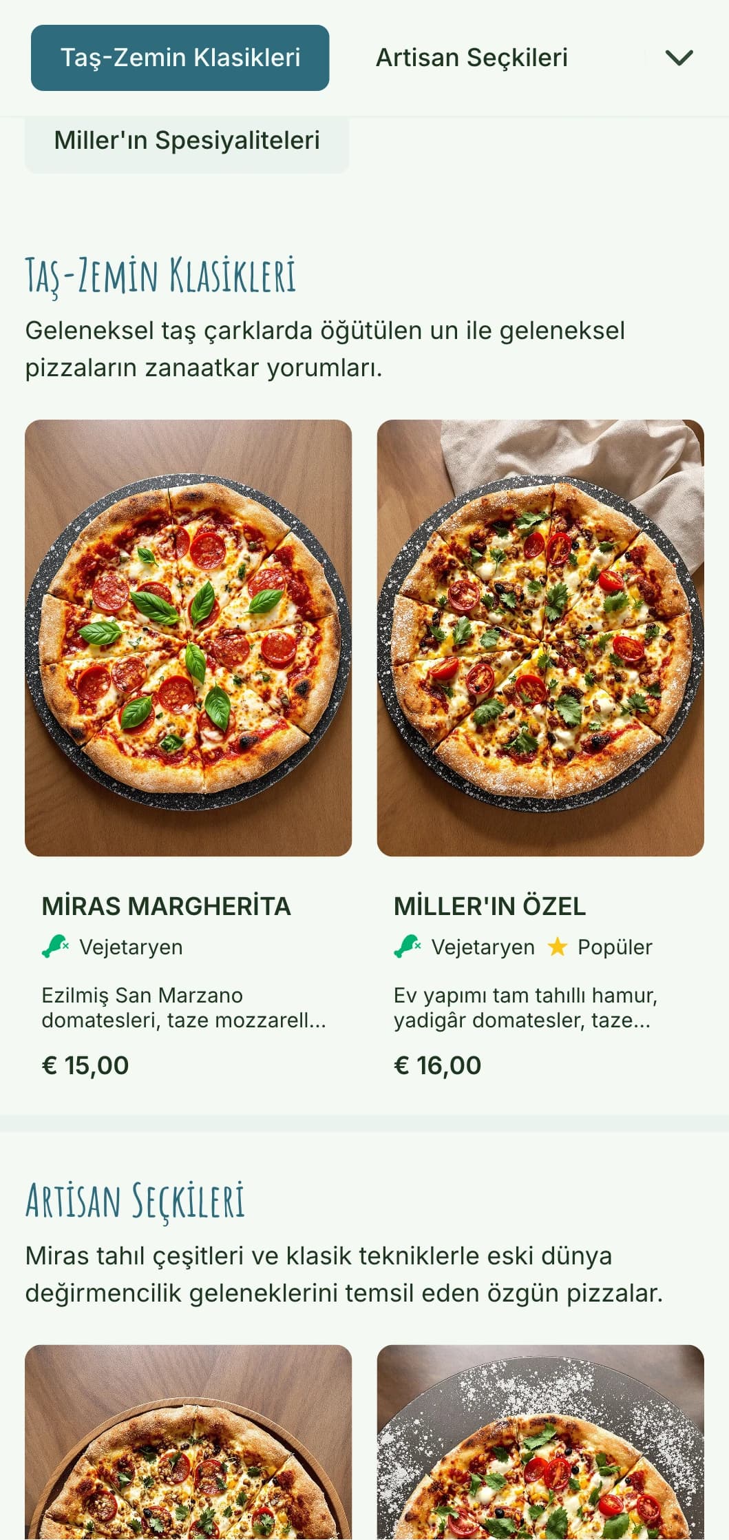 Artizanal öğeler ve doğal estetik ile rustik taş-zemin un pizza menüsü.
