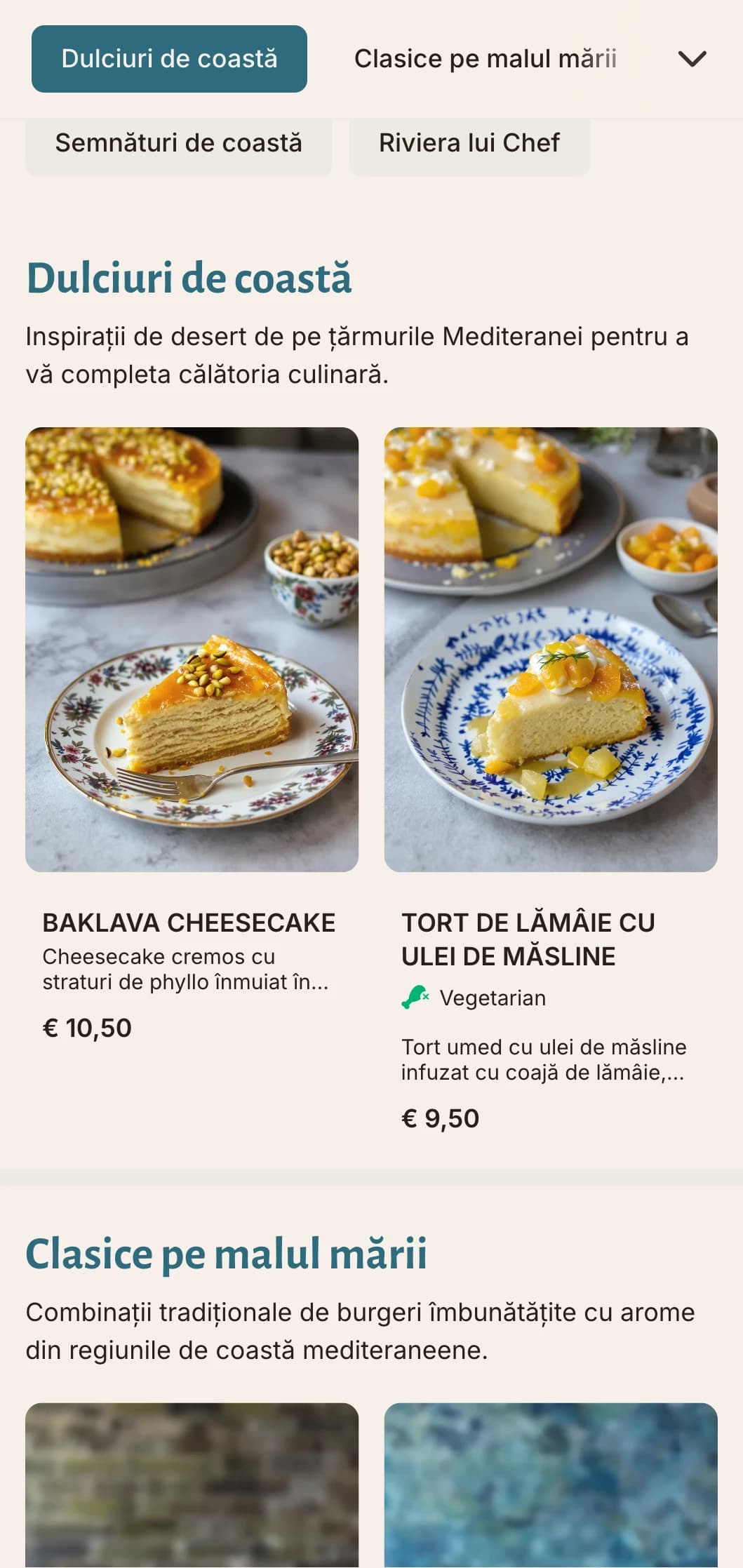 Meniu de burger inspirat de coastă, cu accente albastre mediteraneene și ingrediente proaspete.