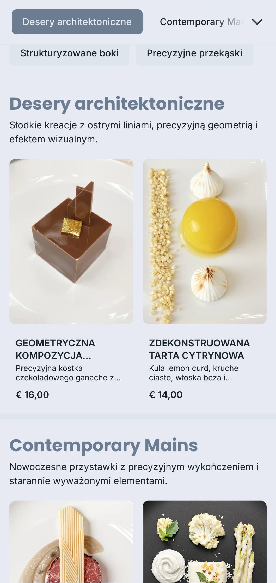Czysty, ustrukturyzowany projekt cateringowy z geometrycznym poszyciem, precyzyjnymi porcjami i monochromatyczną kolorystyką dla współczesnych wydarzeń.
