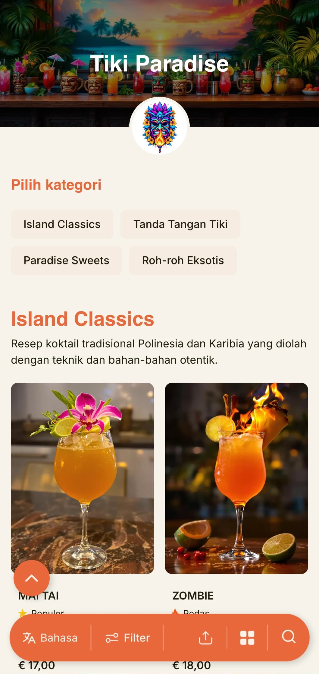 Desain eksotis dan semarak untuk bar tiki dan lounge koktail tropis yang menampilkan tipografi ceria dan warna-warna hangat.
