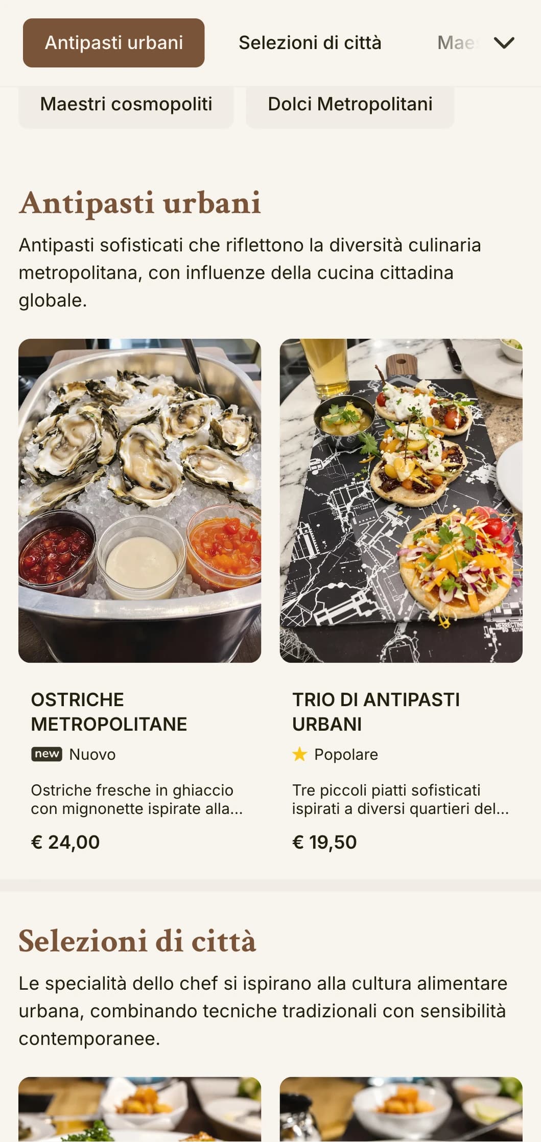 Menu per il pranzo di ispirazione cosmopolita, con eleganza urbana e dettagli raffinati, adatto ai ristoranti del centro e ai locali sofisticati della città.