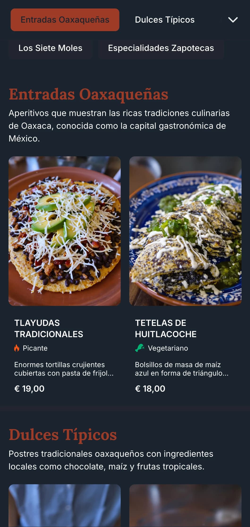 Menú rico y terrenal que celebra las tradiciones culinarias de Oaxaca con acentos de terracota, patrones indígenas y platos especiales de mole.