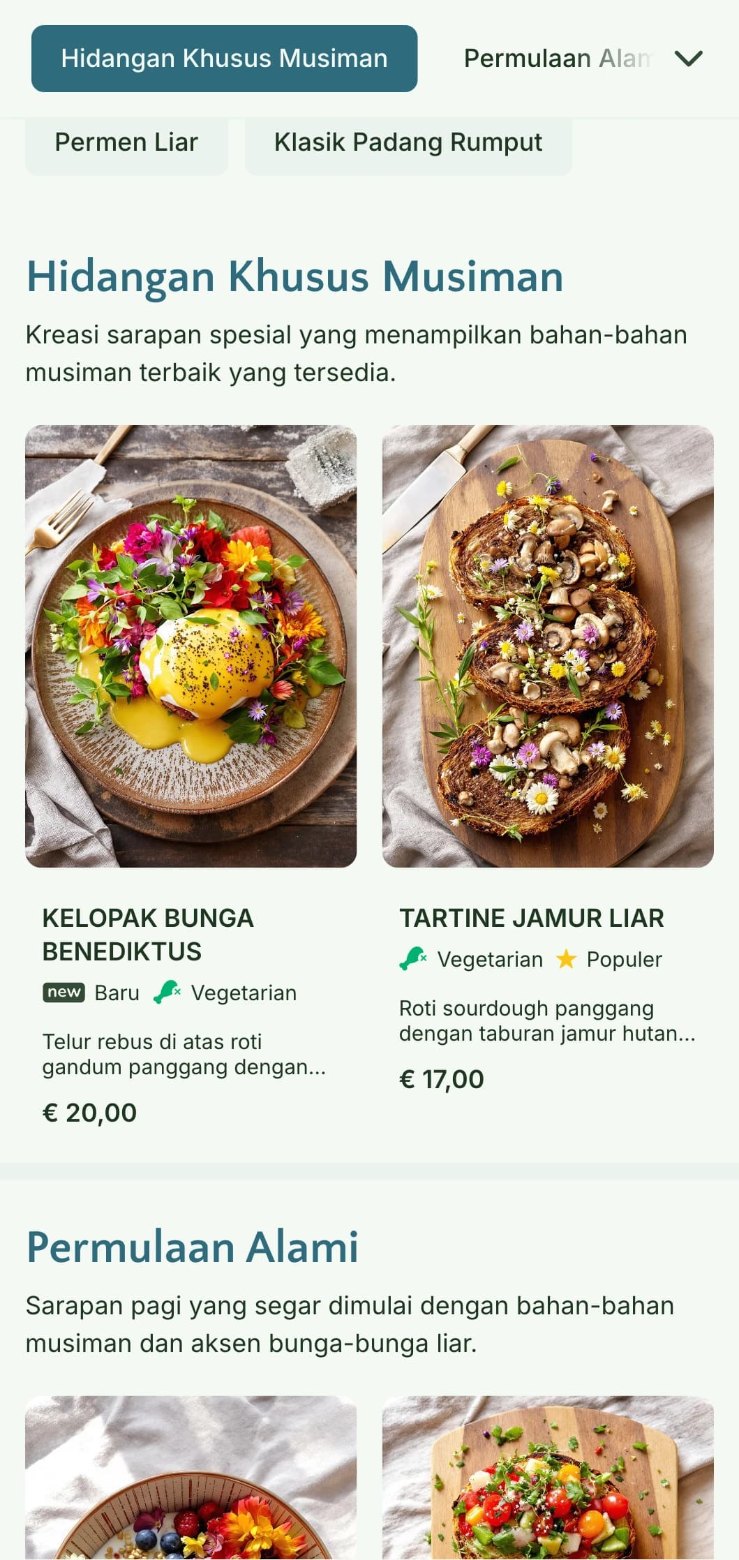 Hidangan pagi yang terinspirasi dari alam yang menampilkan bahan-bahan musiman dan penyajian organik dengan pengaruh botani.