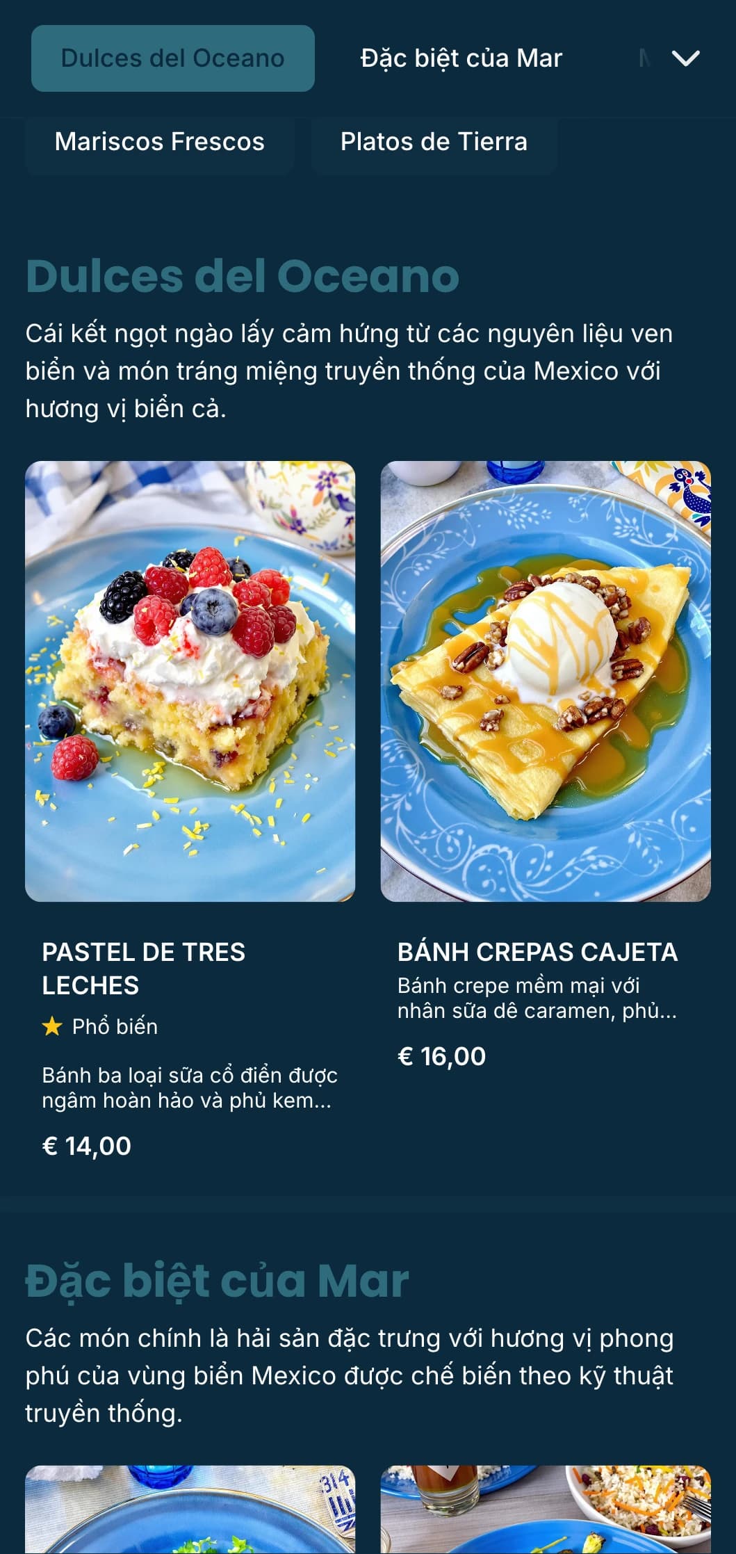 Thiết kế thực đơn Mexico ven biển tươi mát với các món đặc sản hải sản có điểm nhấn màu xanh lam, họa tiết sóng nhẹ nhàng và không gian bên bờ biển.