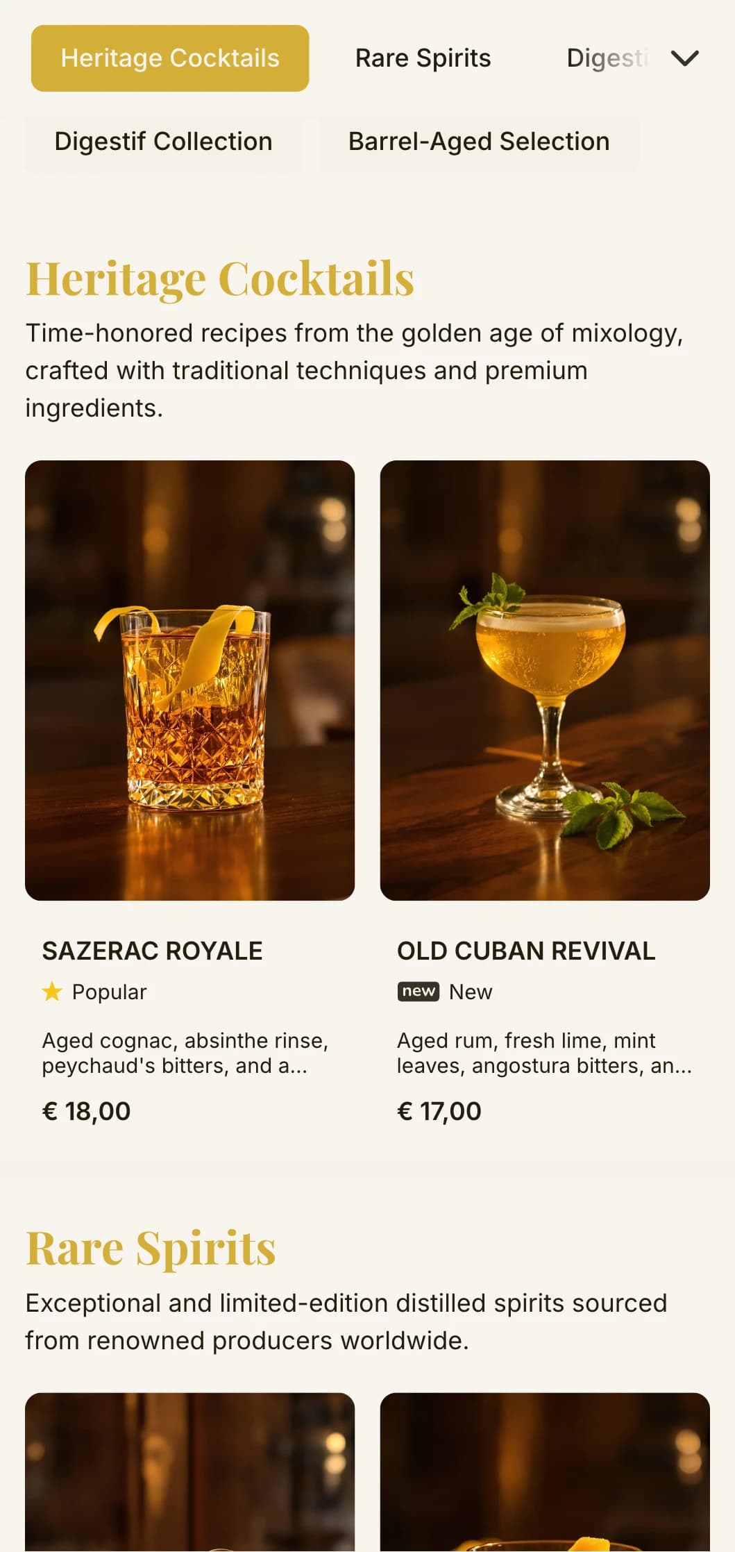 A classic bar menu design evoking the golden age of cocktails with vintage typography and elegant gold accents on a cream background.