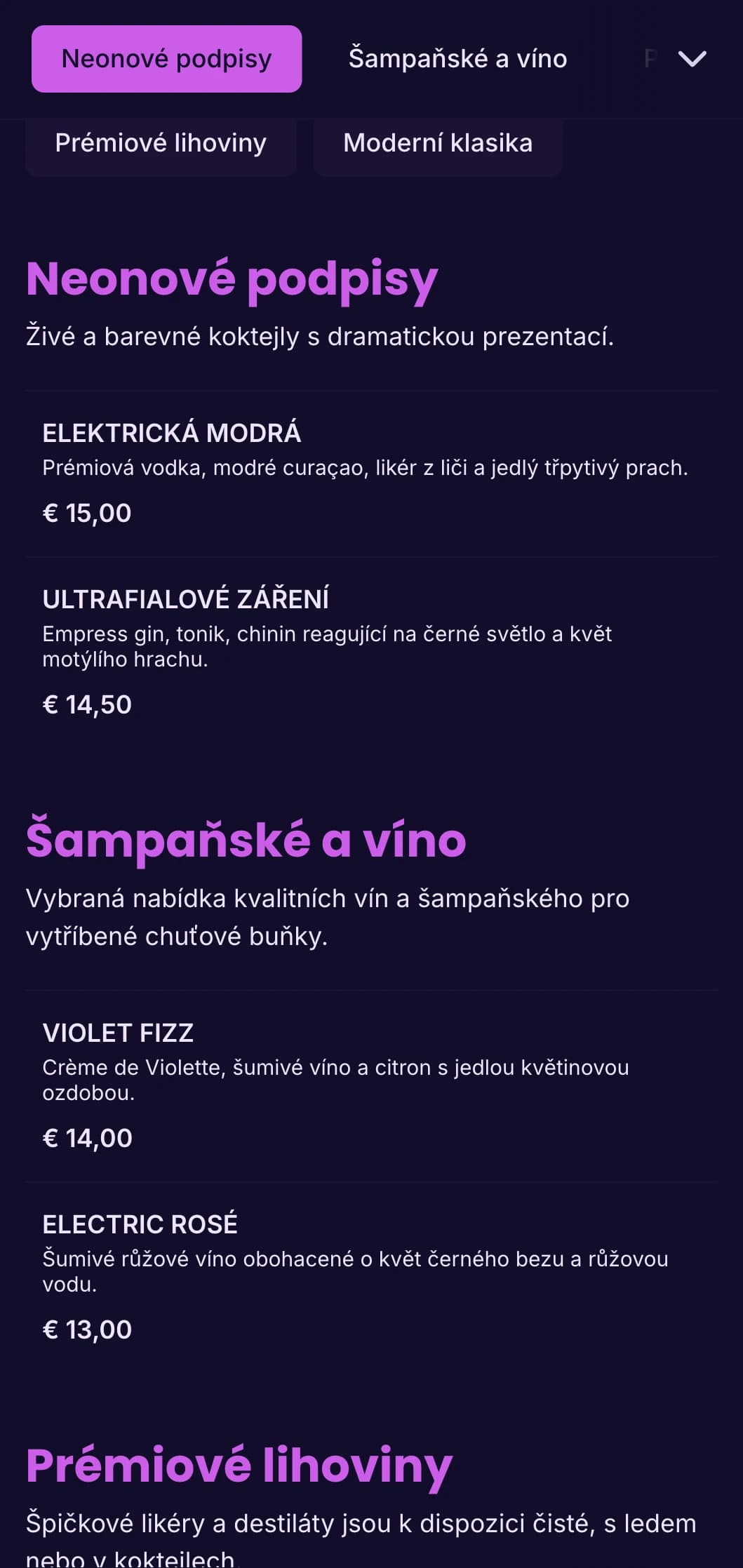 Zářivý fialový a ultrafialový design pro módní noční kluby a koktejlové salónky.