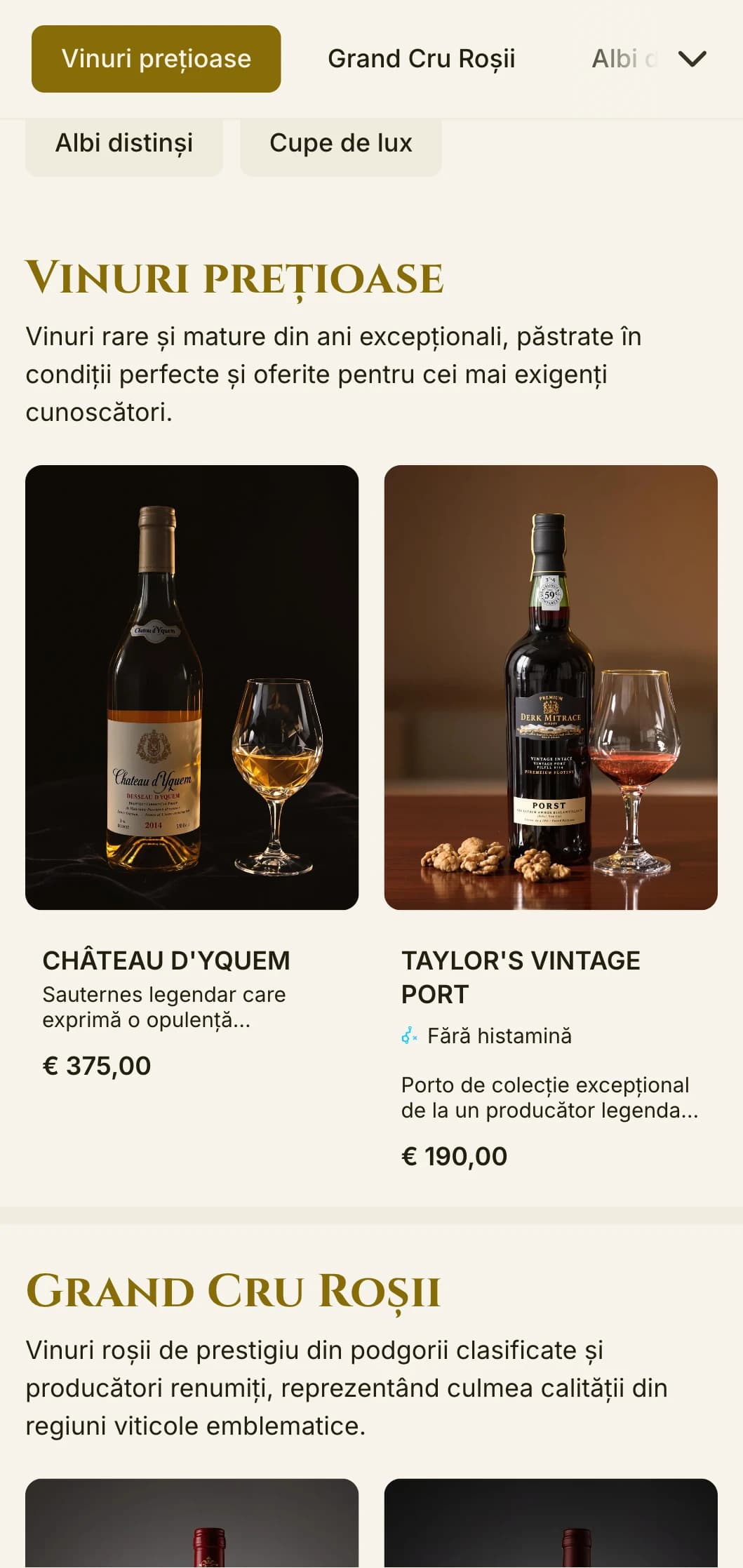 Șablon de listă de vinuri opulent, cu accente bogate de roșu și auriu, ideal pentru mese de lux și experiențe cu vinuri premium.