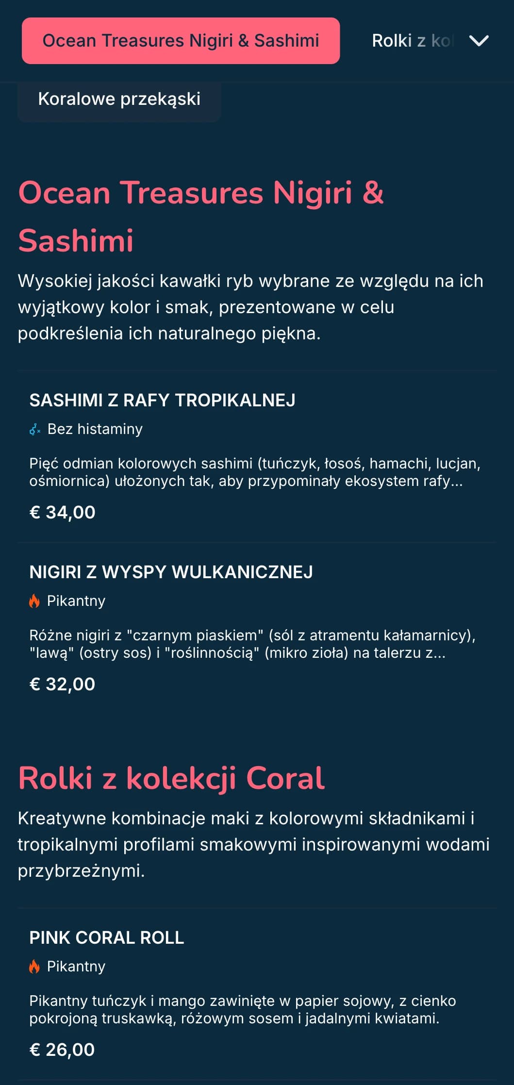 Żywe, inspirowane oceanem menu sushi z koraloworóżowymi akcentami na ciemnoniebieskim tle, idealne dla specjalistów od owoców morza.