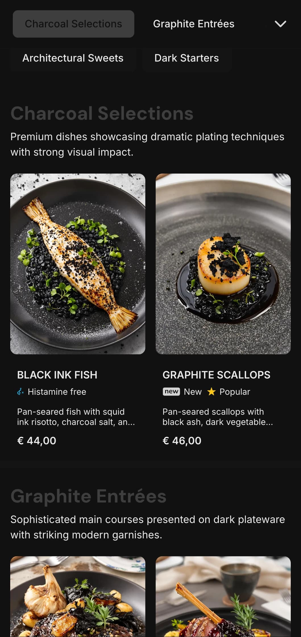 Bold, contemporary concept with deep charcoal tones and sharp contrasts for a dramatic dining experience.