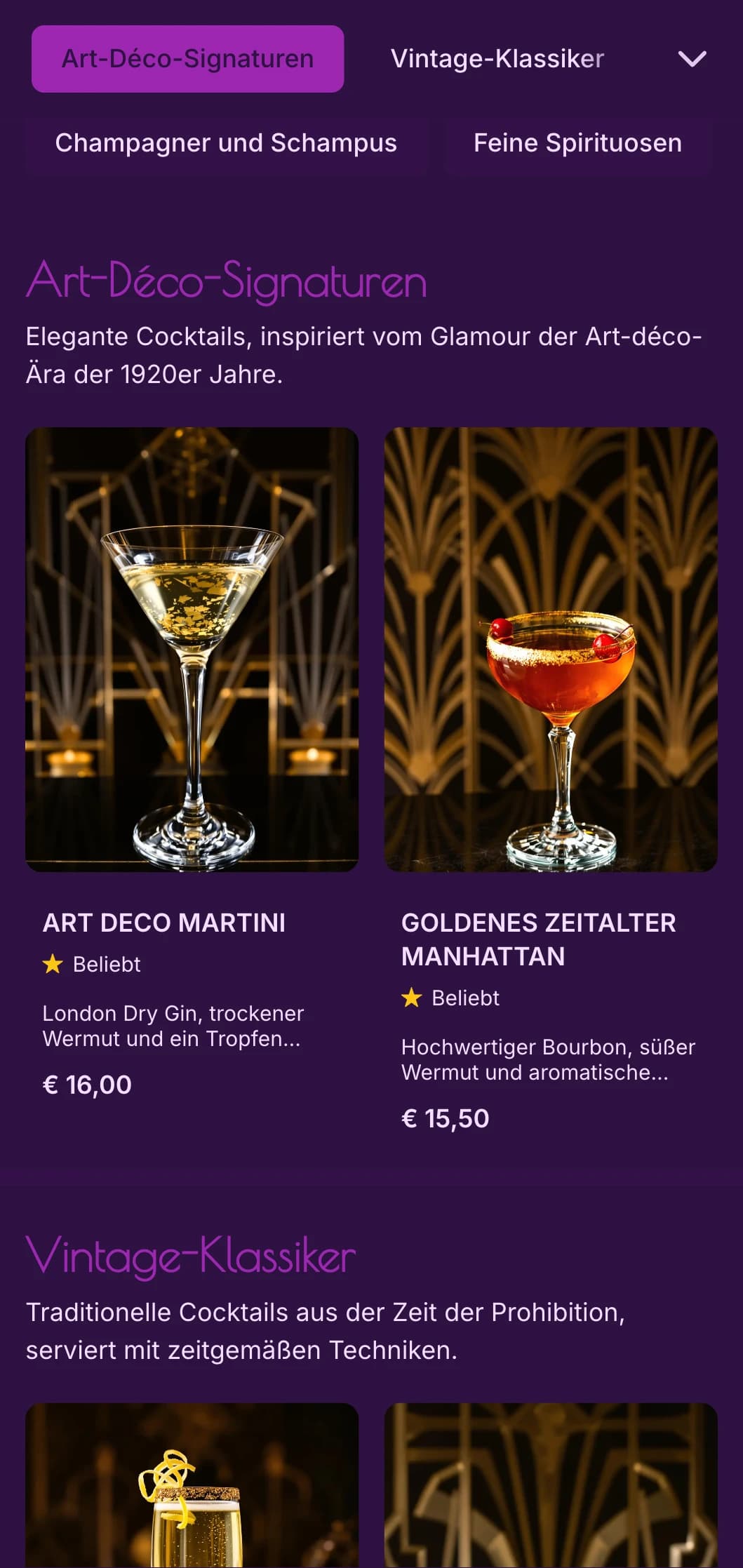 Elegantes Design in Lila und Gold, inspiriert vom Art déco der 1920er Jahre, für gehobene Cocktaillounges.