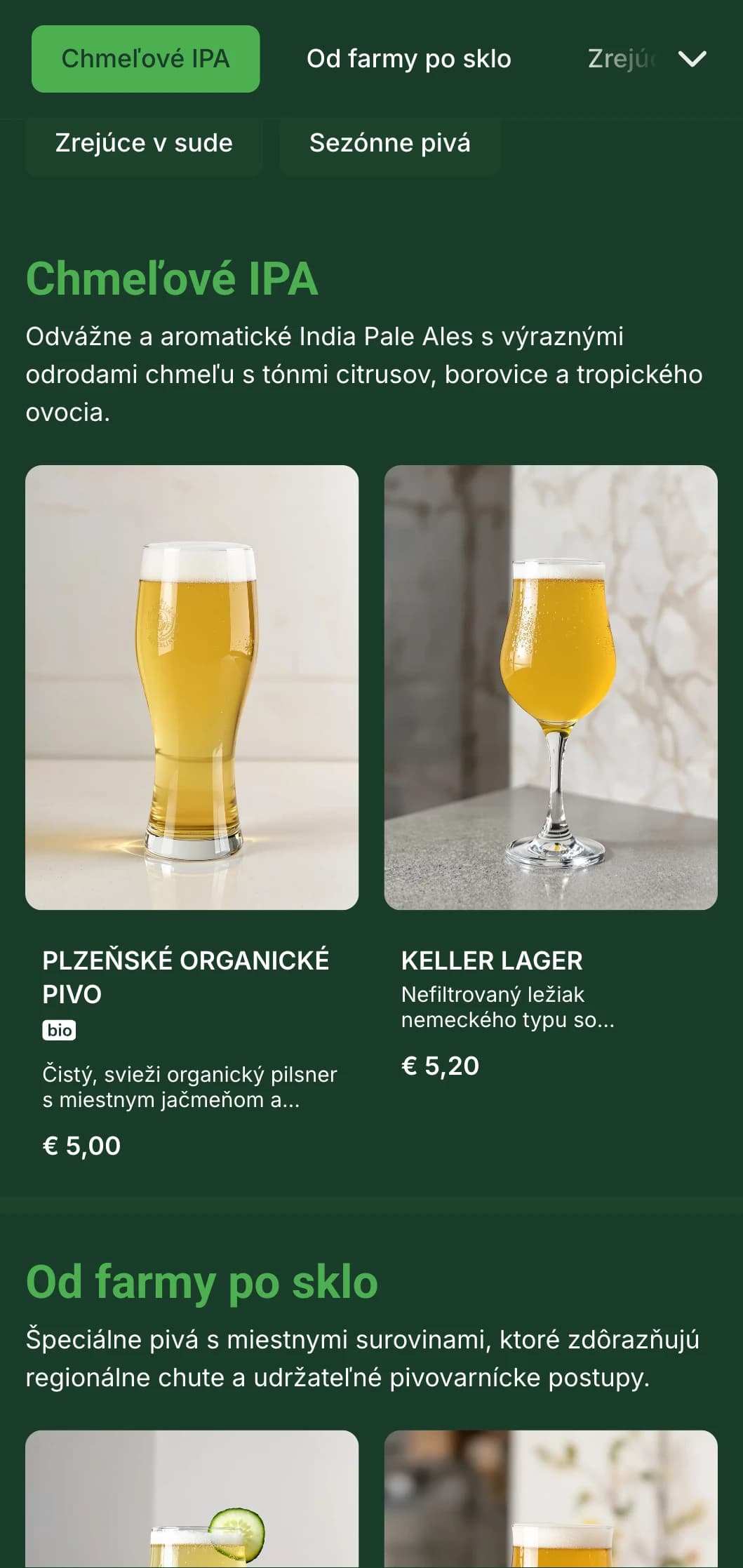 Moderný a čistý dizajn pre súčasné pivovary a pivné záhrady s botanickými akcentmi a sviežou farebnou paletou zvýrazňujúcou pivné ingrediencie.