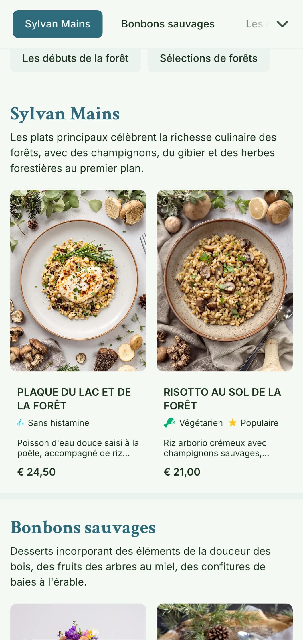 Conception d'un menu de déjeuner serein, d'inspiration forestière, avec des textures organiques et des tons de terre, parfait pour les restaurants situés à proximité d'espaces naturels et de parcs.