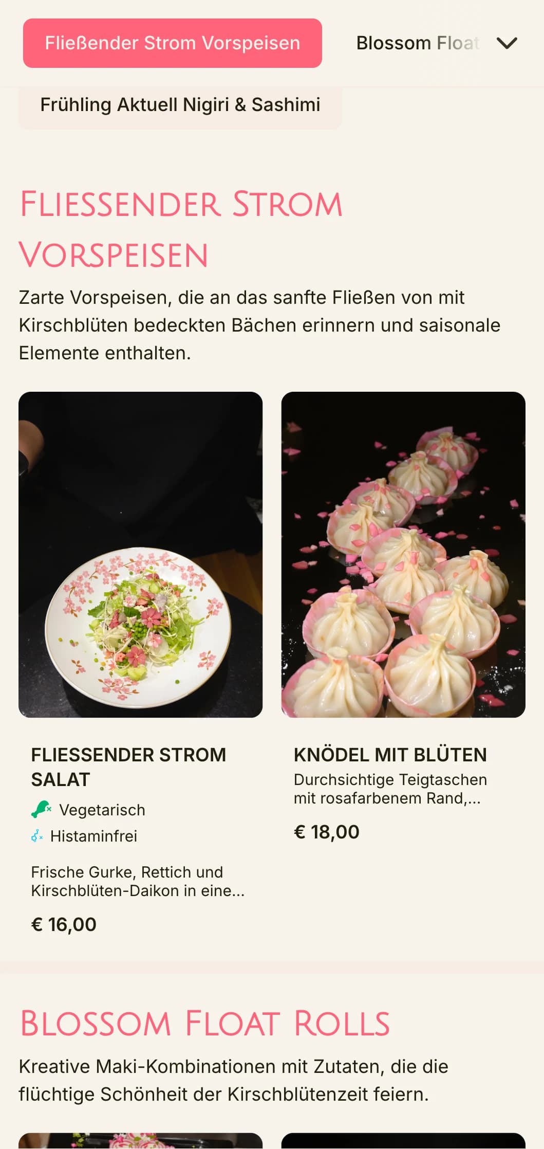 Fließendes, von Kirschblüten inspiriertes Sushi-Menü mit zartrosa Akzenten und natürlichen Elementen.