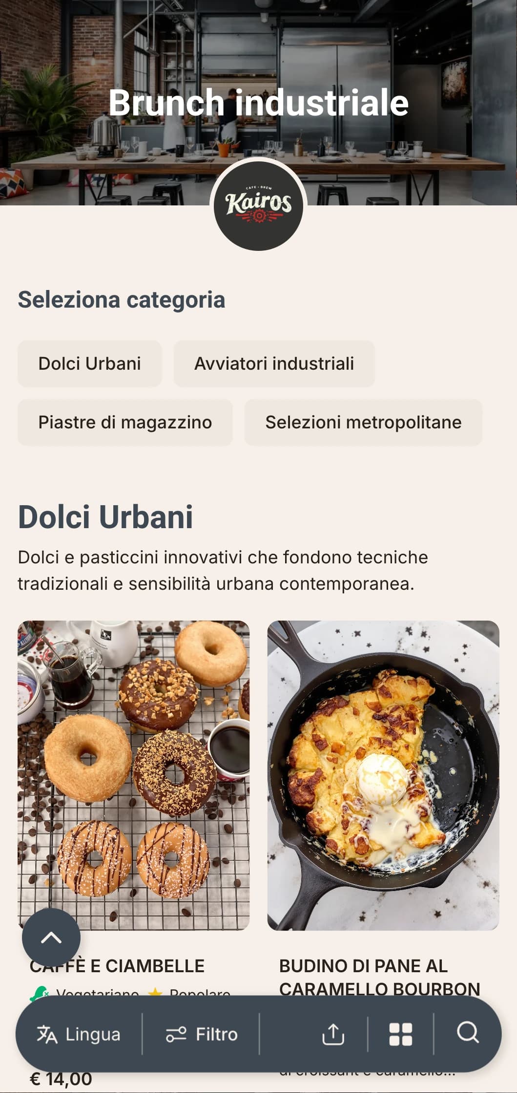 Modello di brunch urbano e crudo con elementi di design industriale, adatto a caffè in magazzino e spazi riconvertiti.