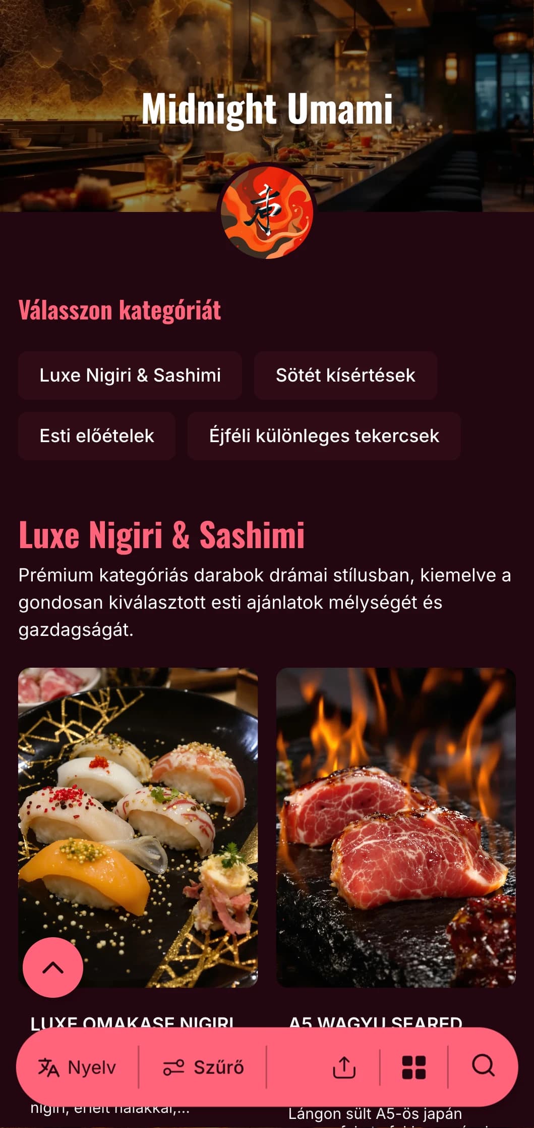 Luxus késő esti sushi-élmény merész kontrasztokkal, gazdag bordó és világos hangsúlyokkal a mély háttér előtt.