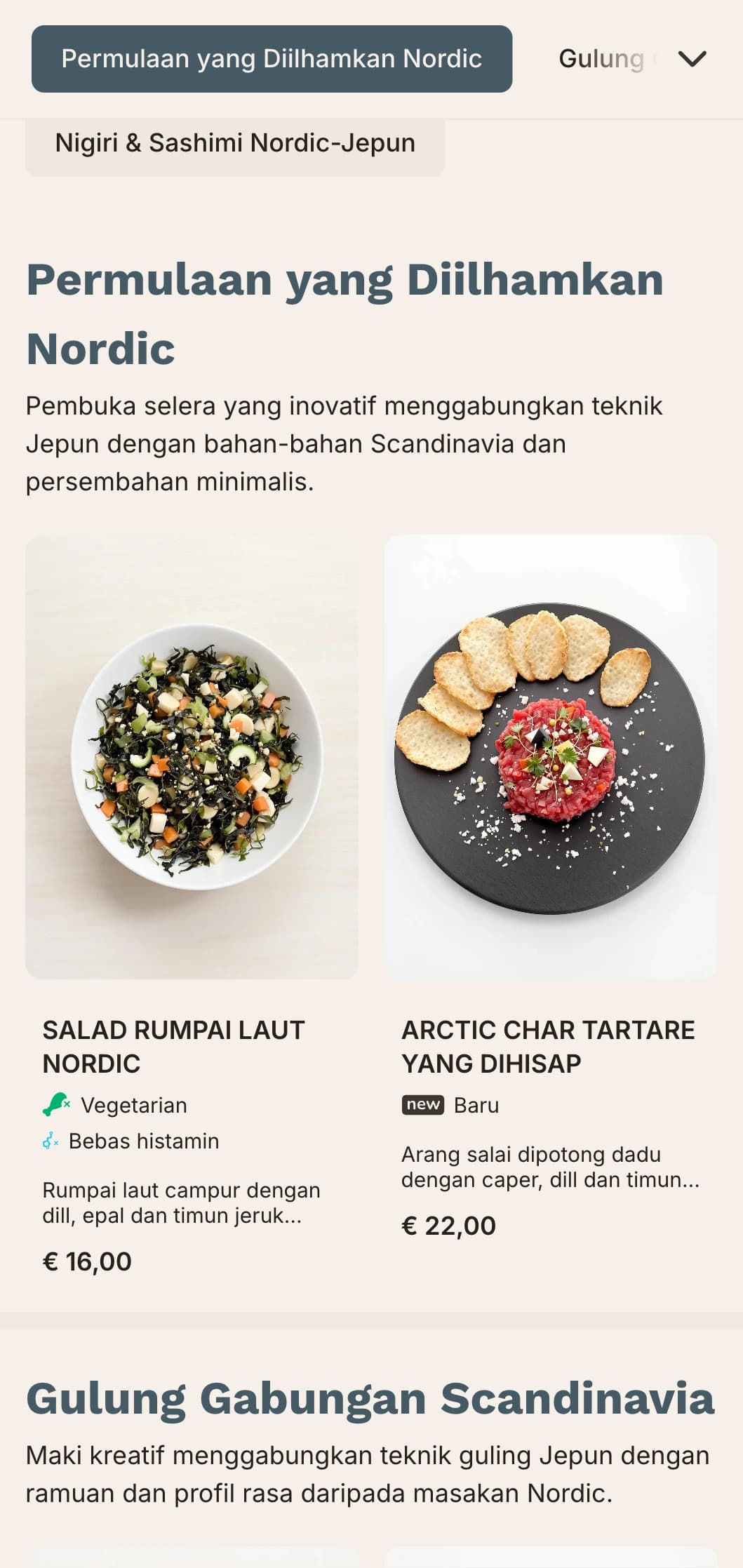 Menu sushi gabungan kontemporari yang menggabungkan tradisi Jepun dengan minimalis Scandinavia, menampilkan garisan bersih dan warna biru yang diredam.