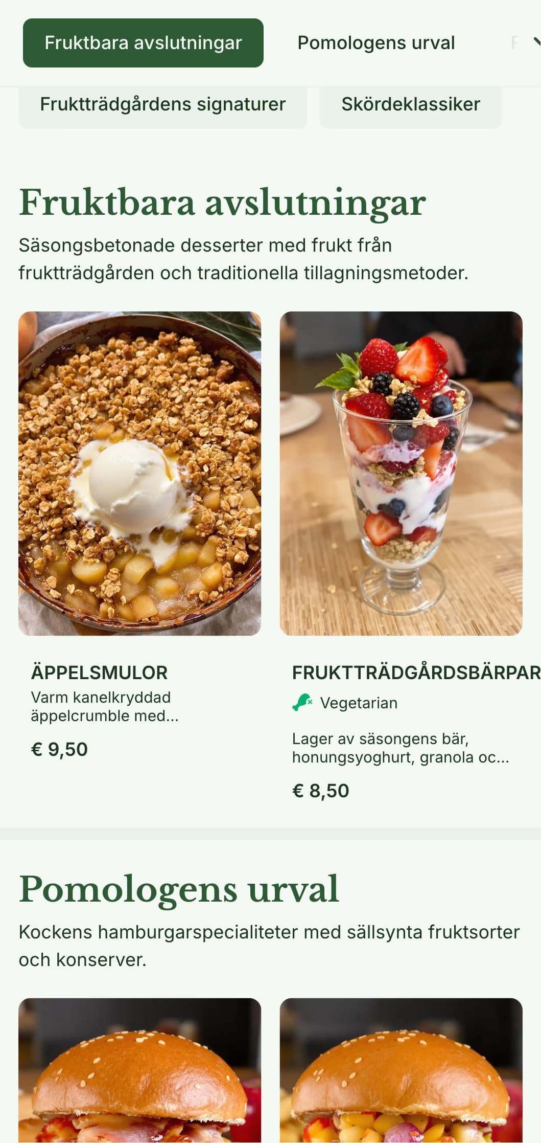 Fruktträdgårdsinspirerad hamburgerrestaurang med säsongsbetonade produkter och cider.