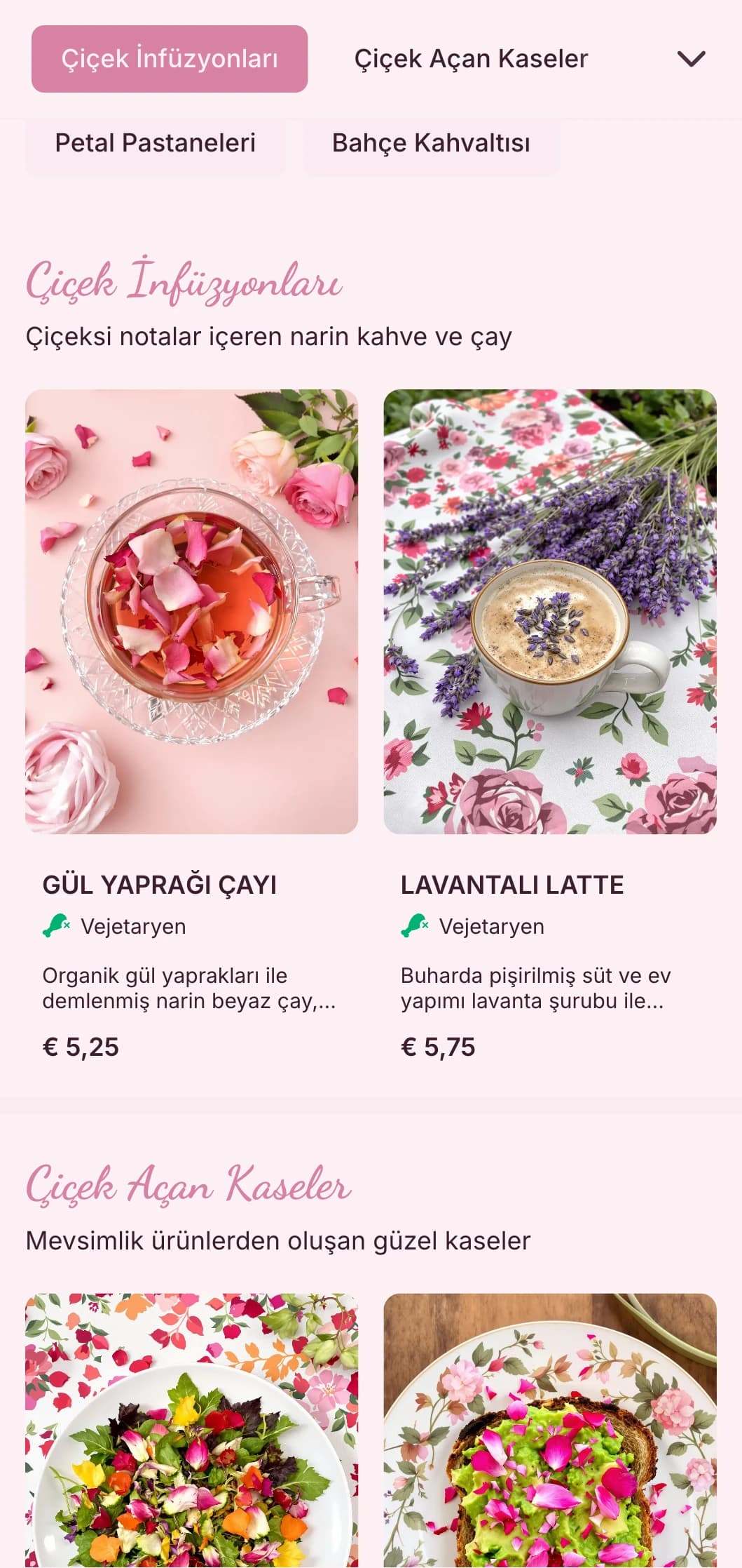 Bahçe çay salonları ve feminen kafeler için çiçek öğeleri içeren romantik pembe tasarım.