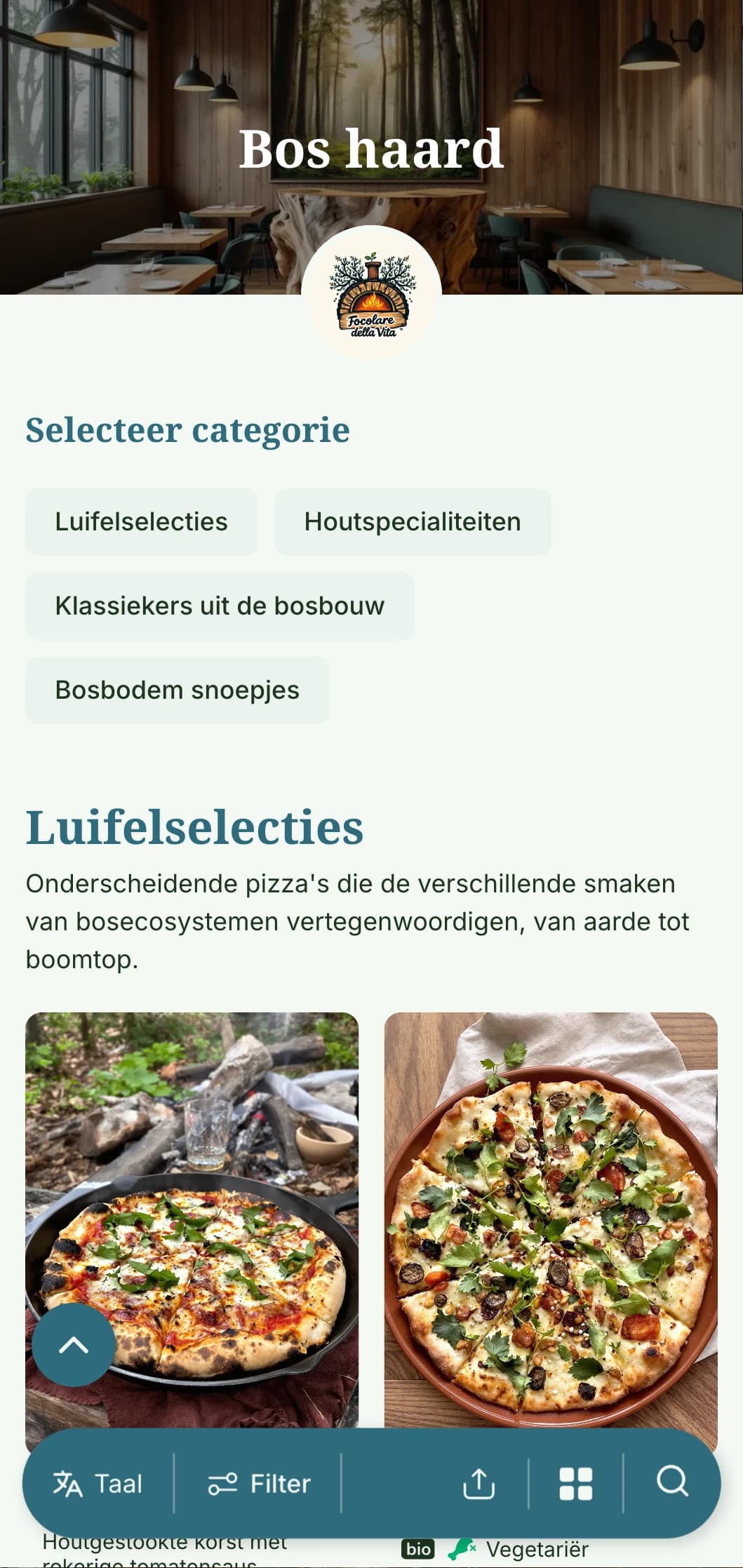 Op het bos geïnspireerd pizzamenu met boselementen en een aards kleurenpalet.