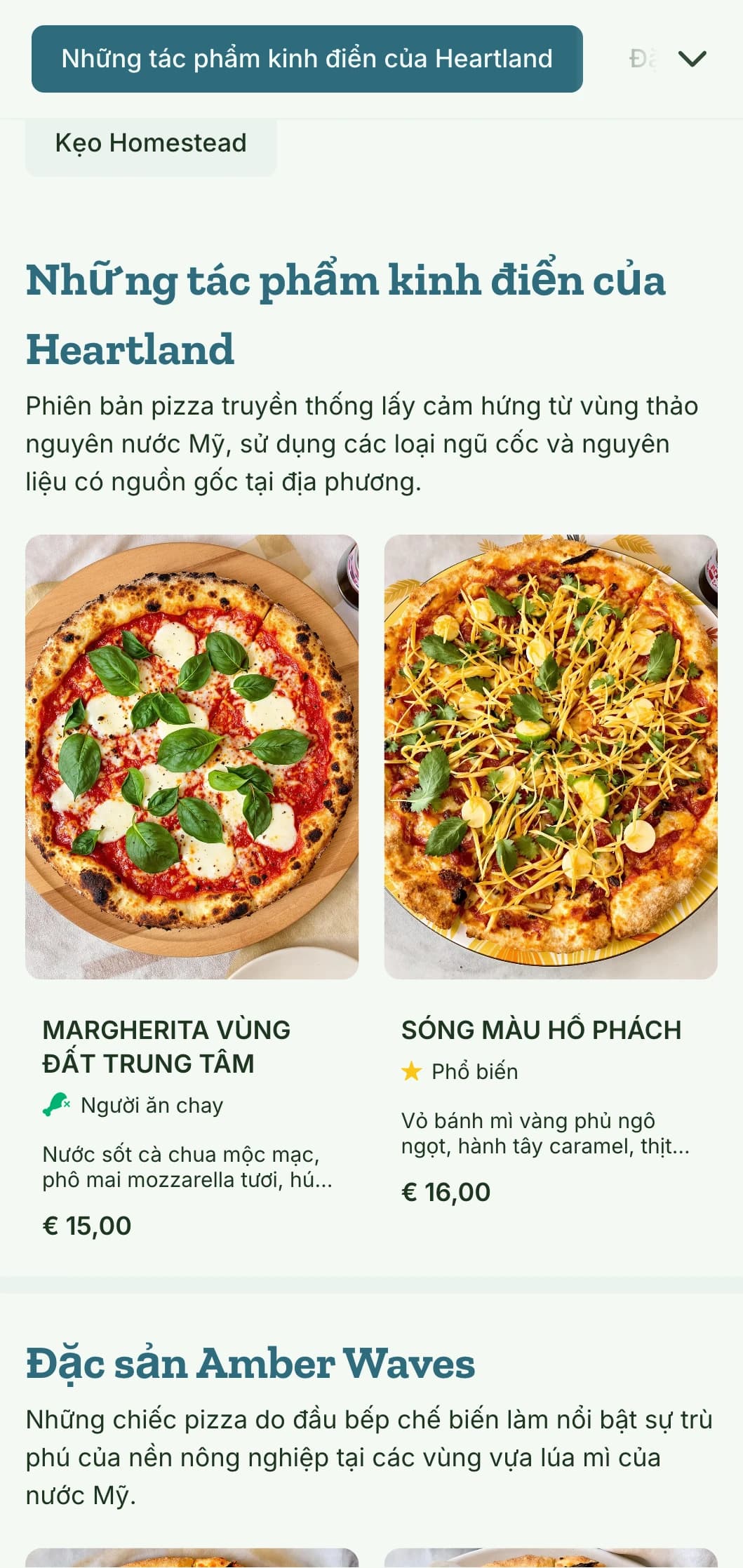 Thực đơn pizza lấy cảm hứng từ vùng trung tâm nước Mỹ với họa tiết lúa mì và các yếu tố tự nhiên.