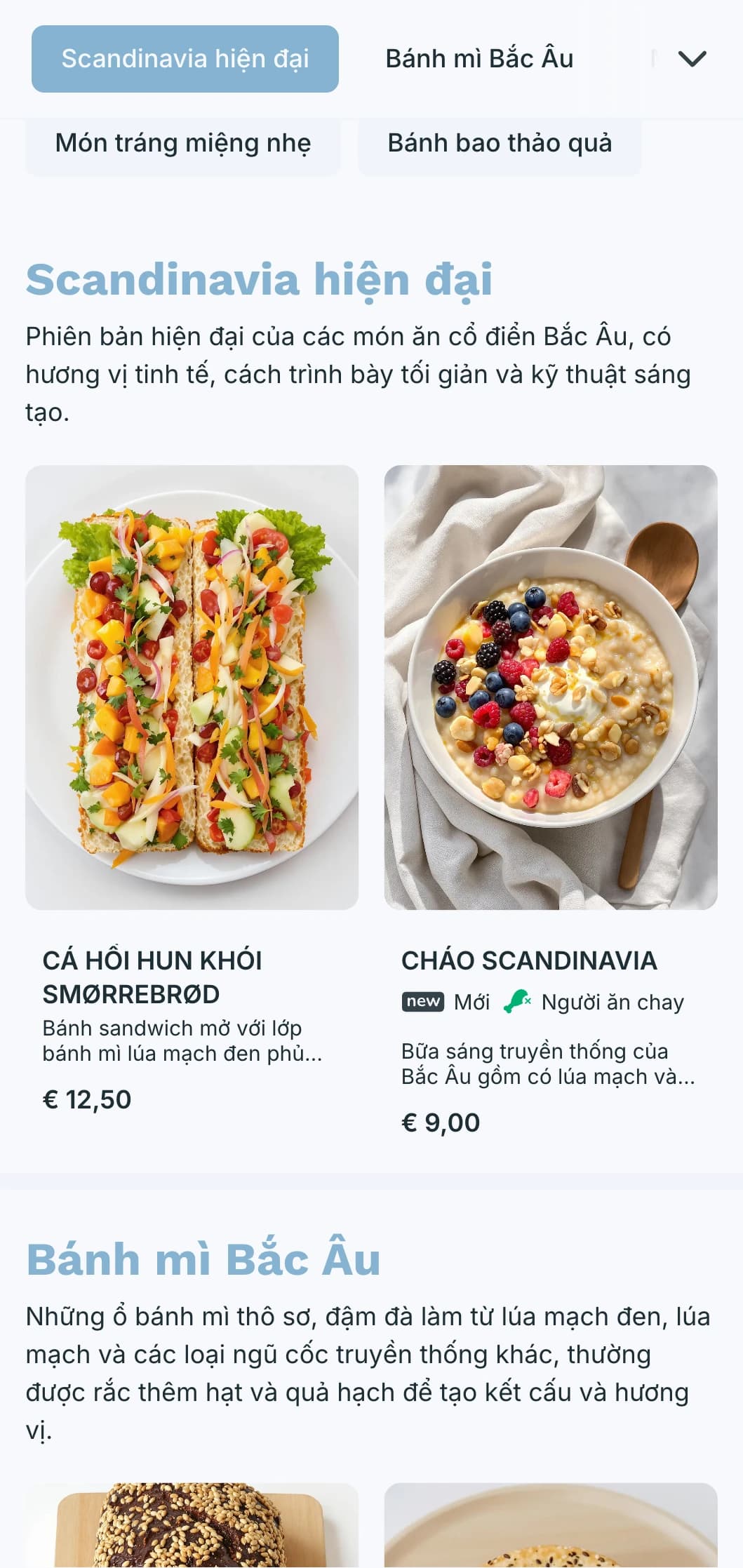 Thiết kế thực đơn bánh mì nhẹ nhàng, thoáng mát với tông màu xanh mát và kiểu chữ sạch sẽ, hoàn hảo cho các tiệm bánh lấy cảm hứng từ phong cách Scandinavia và quán cà phê hiện đại.