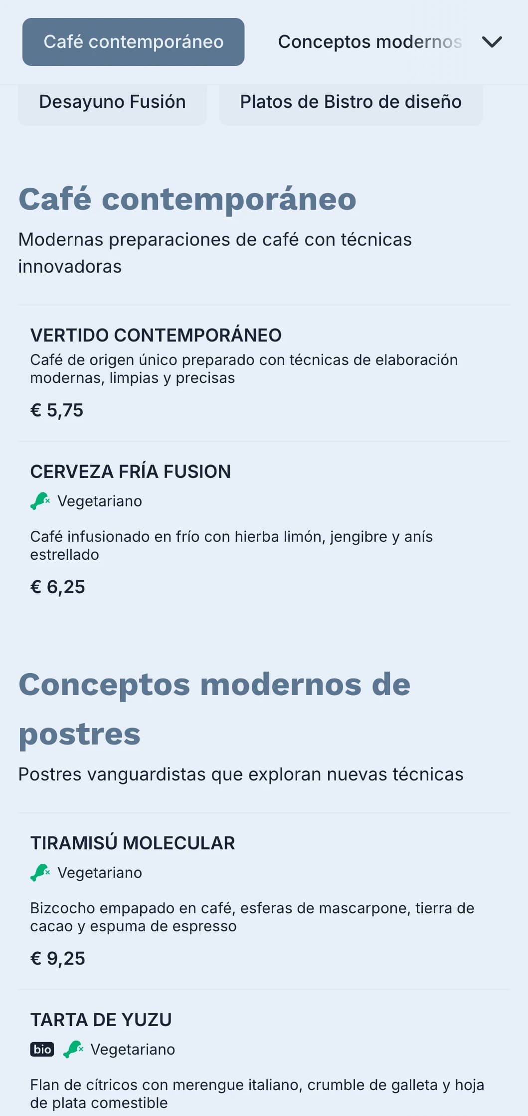 Diseño limpio y contemporáneo con detalles en verde azulado para bares modernos y cafeterías de fusión.