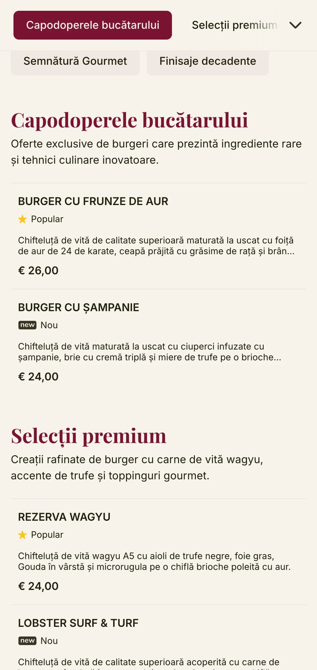 Gastronomie de burger elevată, cu tipografie premium și paletă de culori bogată pentru o experiență de burger de lux.