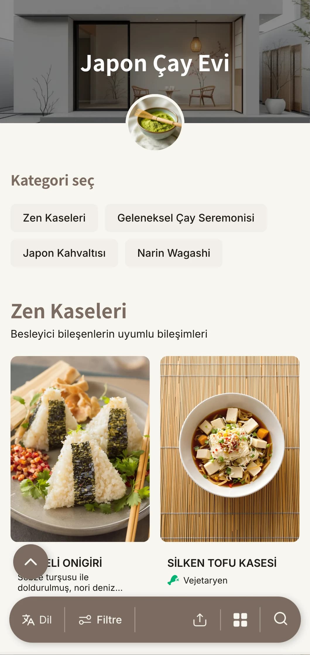 Çay evleri ve zen kafeler için Japon estetiğinden ilham alan minimalist tasarım.