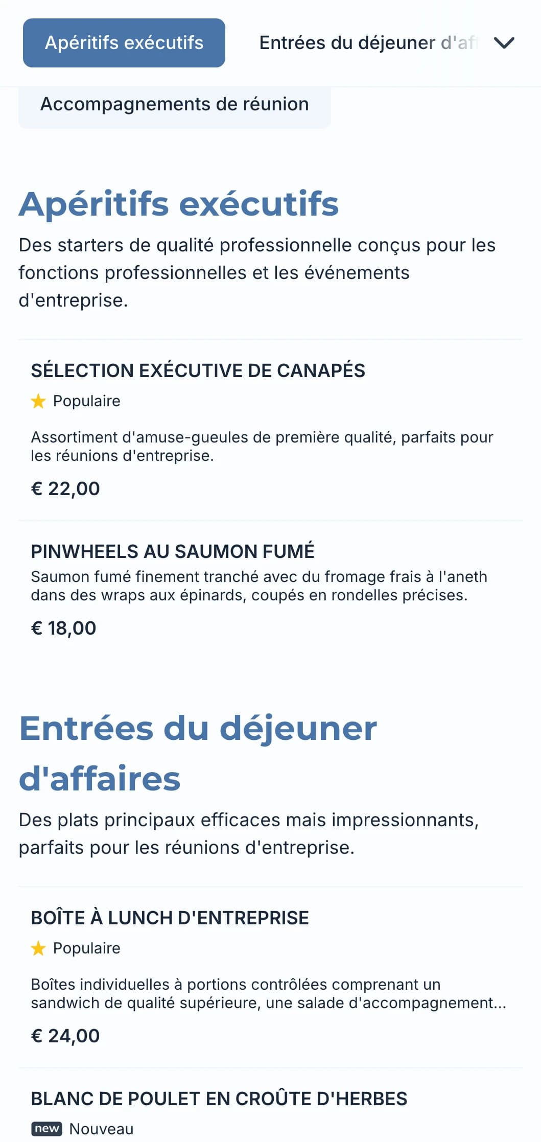 Service de restauration professionnel conçu pour les réunions d'affaires et les événements d'entreprise, axé sur un service efficace et une présentation de qualité.