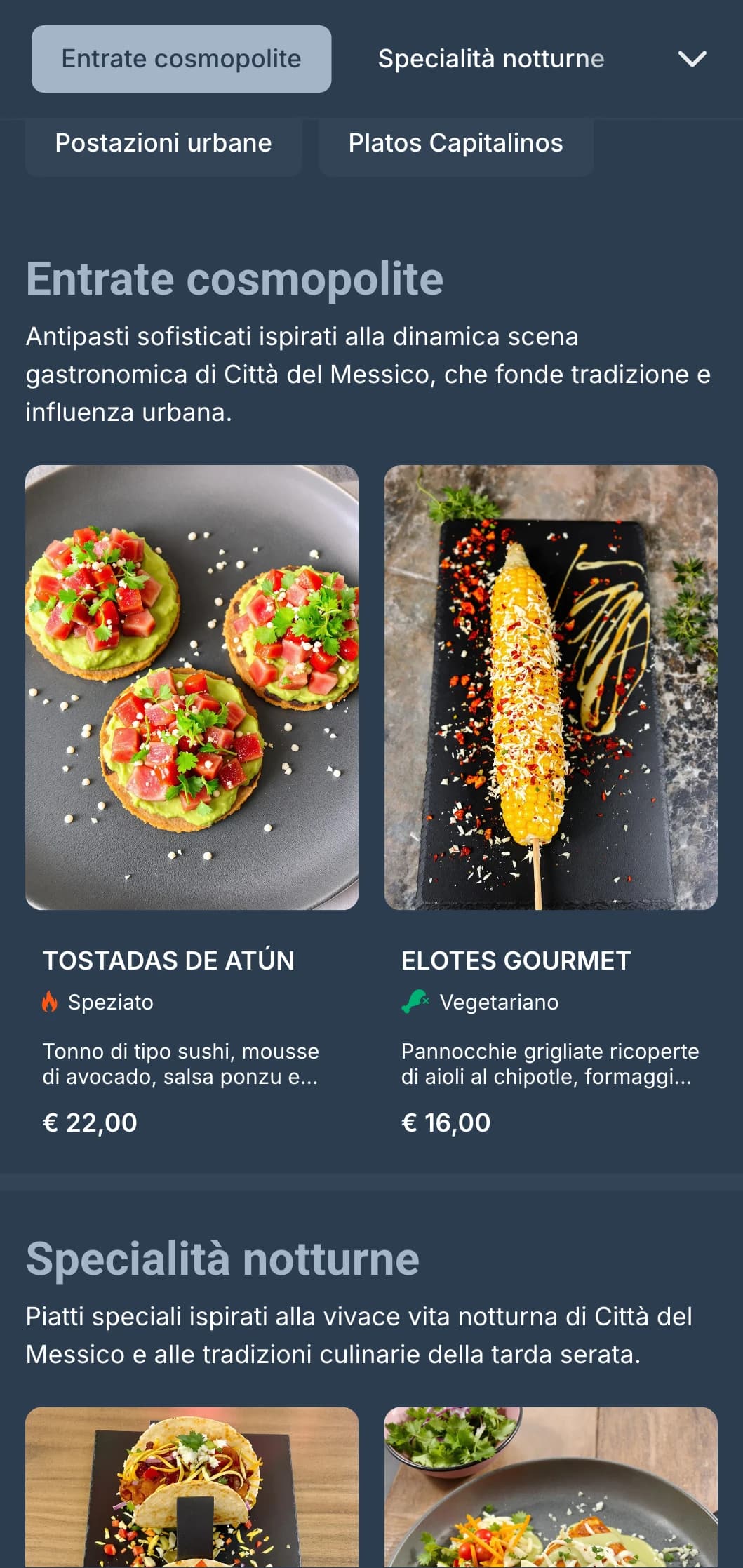 Menu messicano cosmopolita ispirato alla vibrante vita notturna di Città del Messico, caratterizzato da eleganti tonalità grigio-blu, immagini urbane e cucina contemporanea.