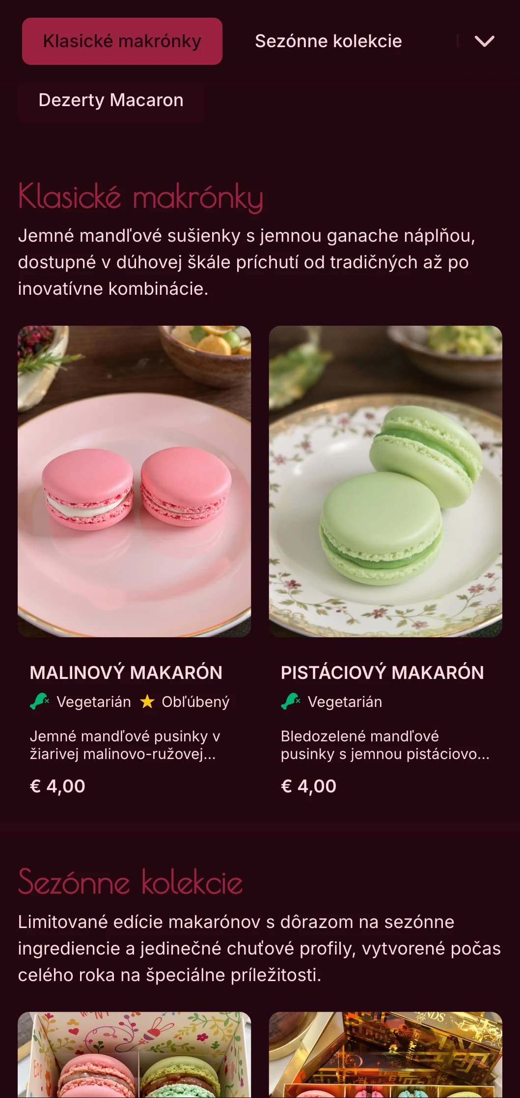 Farebný, luxusne zameraný dizajn jedálneho lístka pre pekárne so sýtymi ružovými tónmi a elegantnou typografiou, ideálny pre špecialistov na makaróny a butiky s luxusnými dezertmi.