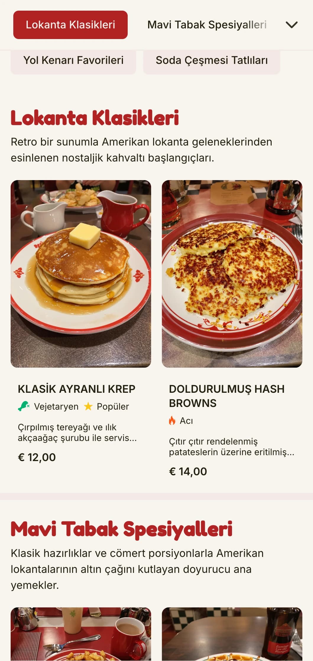 Klasik Amerikan lokantası estetiğine sahip, retro esintili brunch şablonu, nostaljik kahvaltı mekanları için ideal.