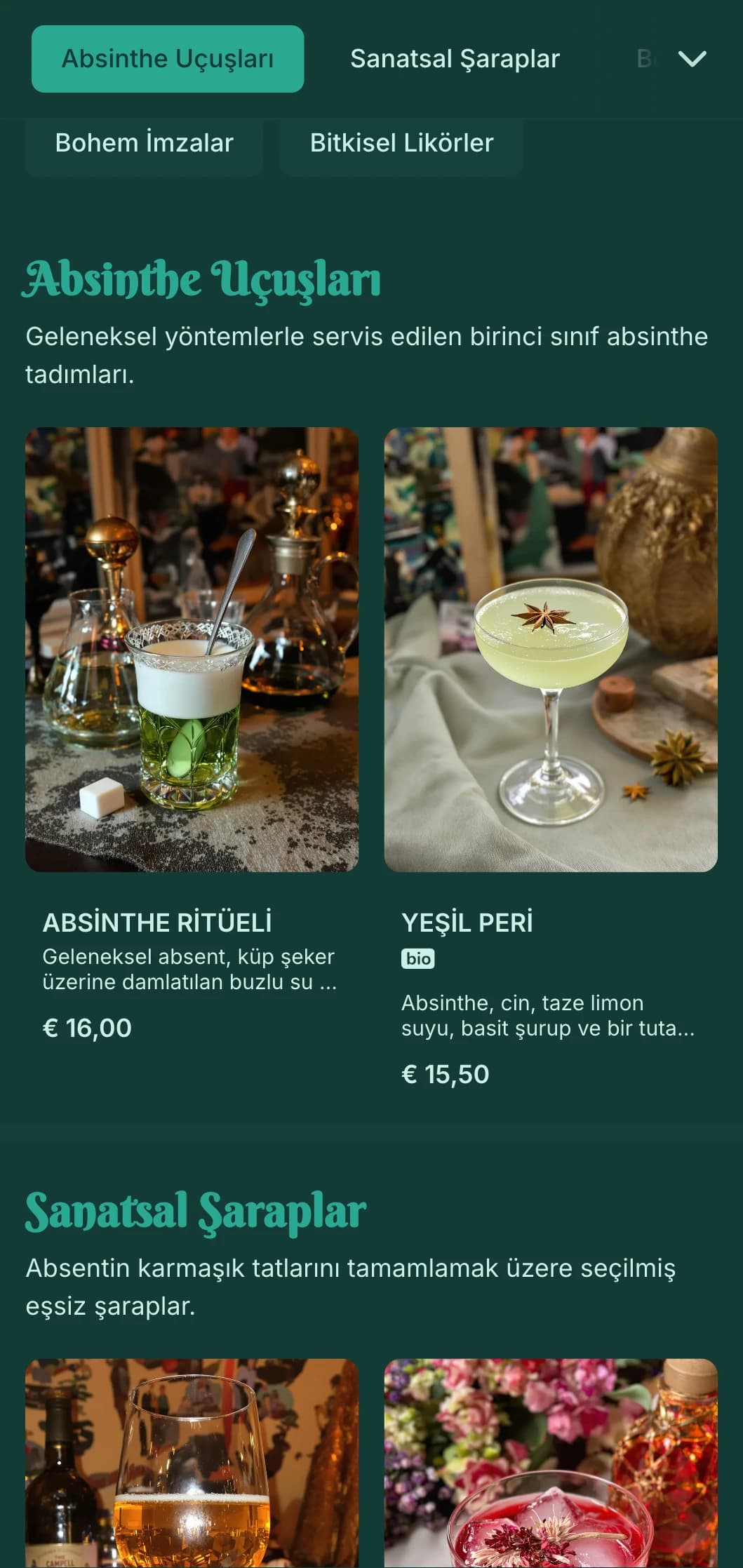 Absinthe ve ispirto salonları için art nouveau unsurları içeren zümrüt yeşili tasarım.