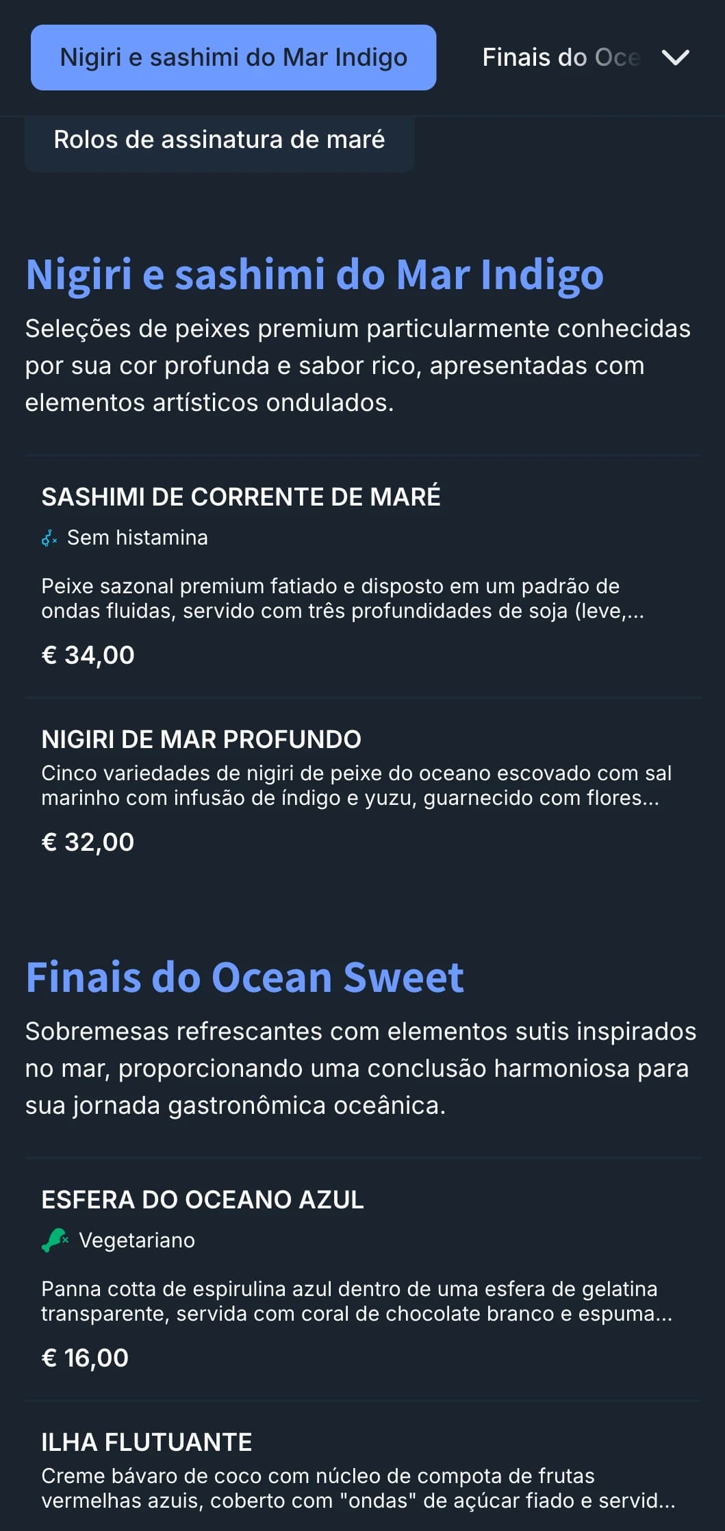 Menu de sushi inspirado no oceano, com ondas índigo profundas e design contemporâneo para restaurantes com foco em frutos do mar.
